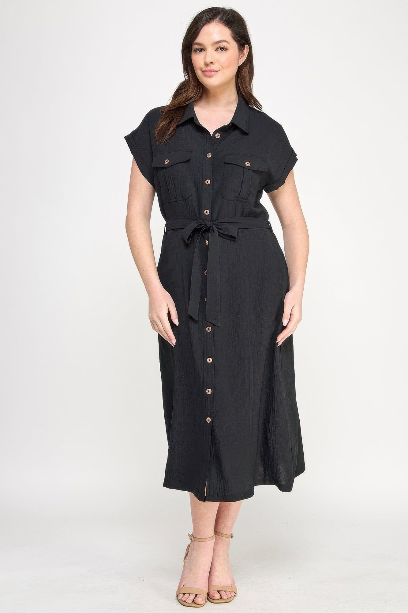 Plus Size Front Tied Buttoned Short Sleeve Midi Dress Dresses jehouze Black 1XL