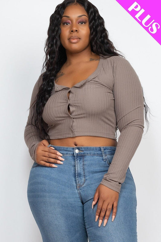 Plus Size Grey Button Down Long Sleeve Crop Basic Ribbed Knit Top Shirts & Tops jehouze 1XL 