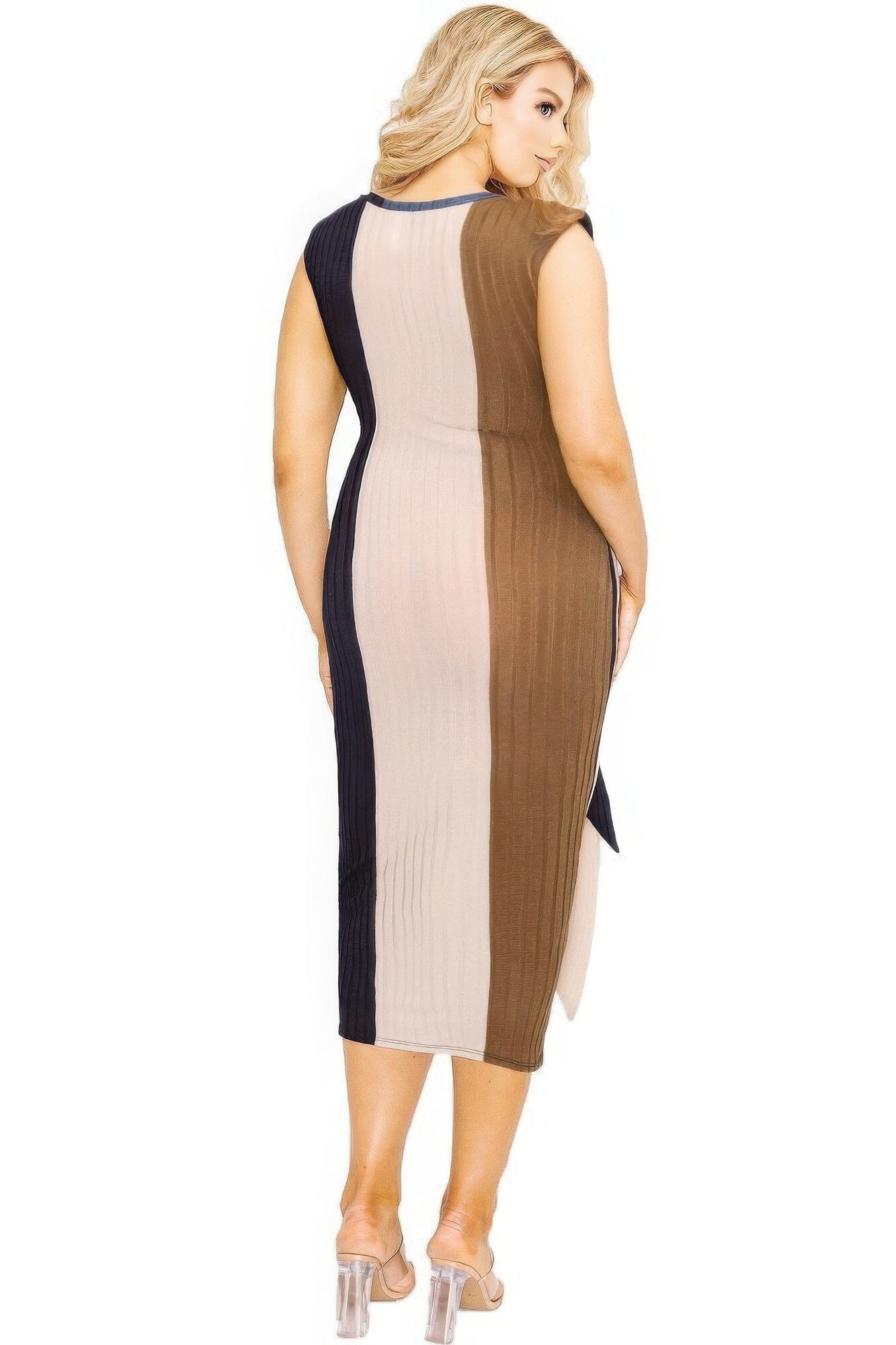 Plus Size knitted sleeveless colorblock waist tie Midi dress Dresses jehouze