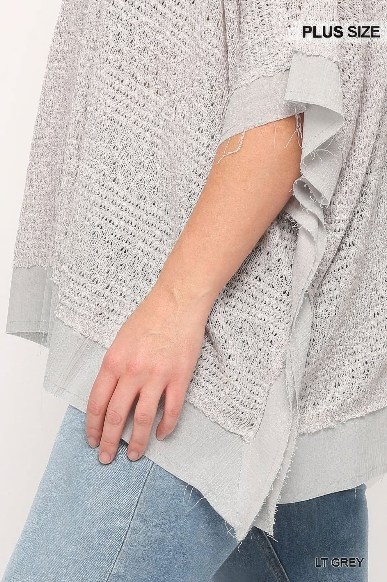 Plus Size Light Knit And Woven Mixed Boxy Top With Poncho Sleeve Shirts & Tops jehouze