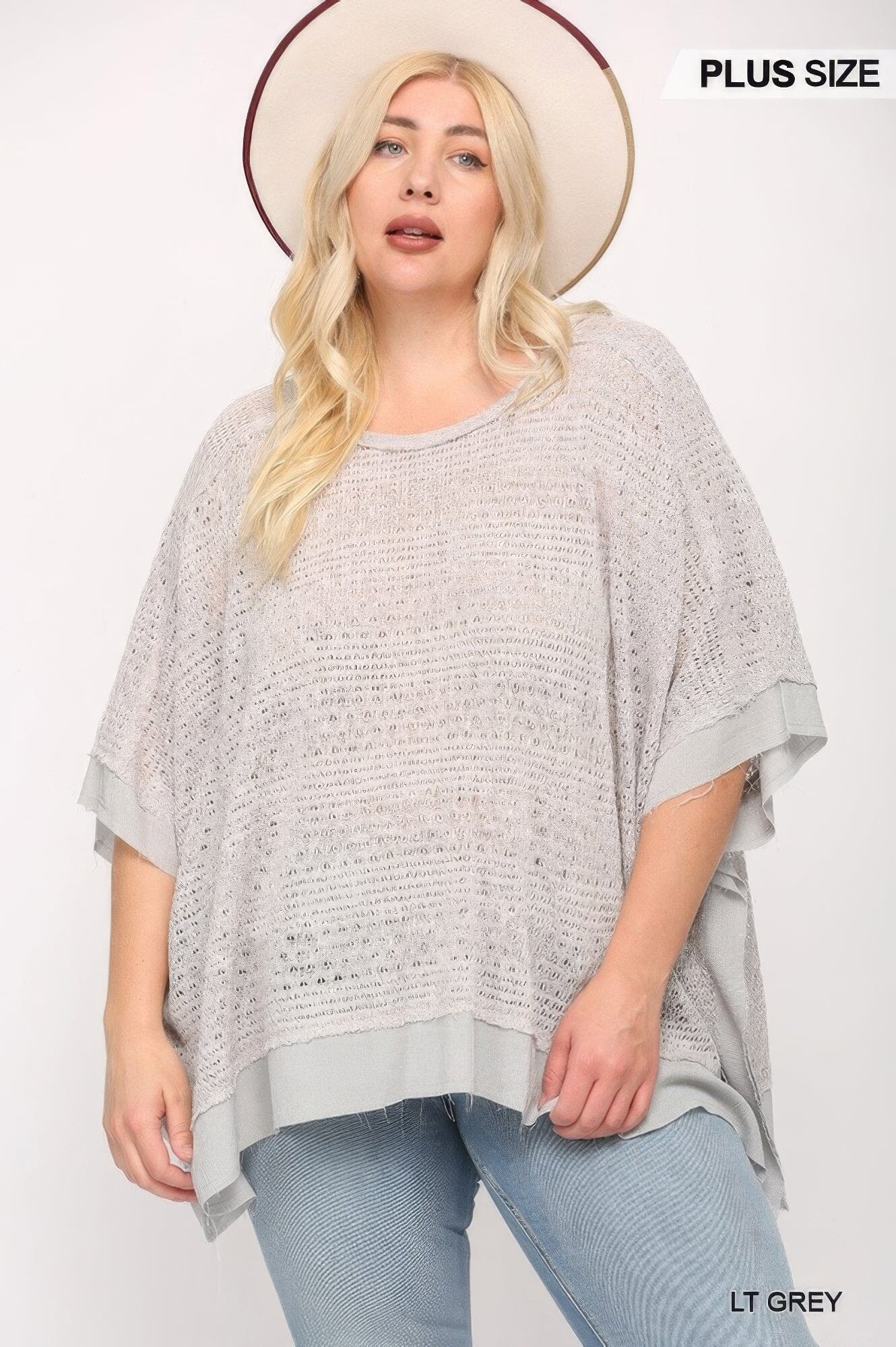 Plus Size Light Knit And Woven Mixed Boxy Top With Poncho Sleeve Shirts & Tops jehouze