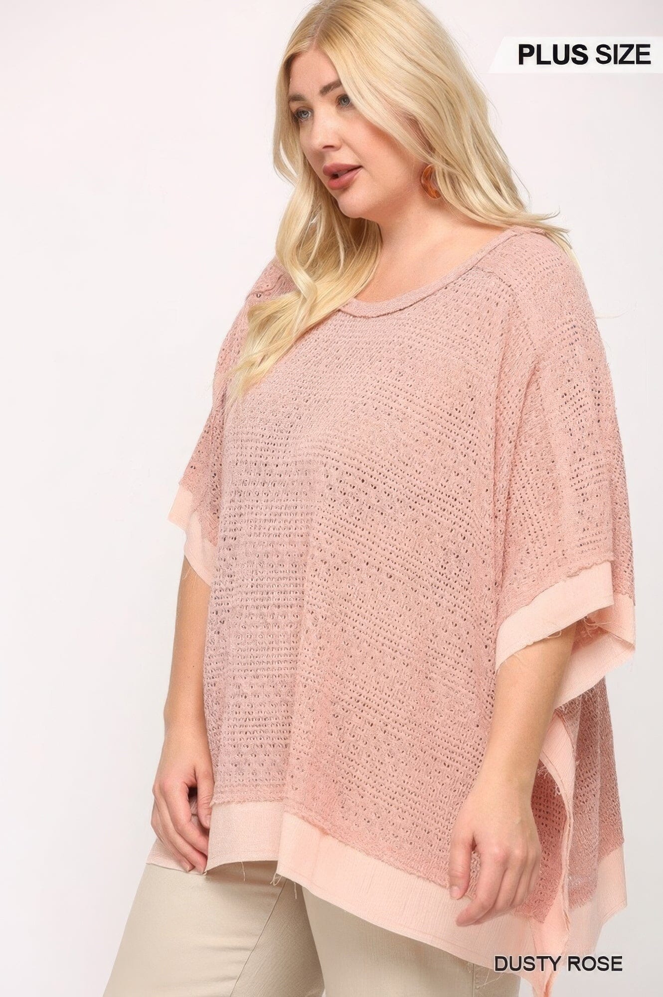 Plus Size Light Knit And Woven Mixed Boxy Top With Poncho Sleeve Shirts & Tops jehouze
