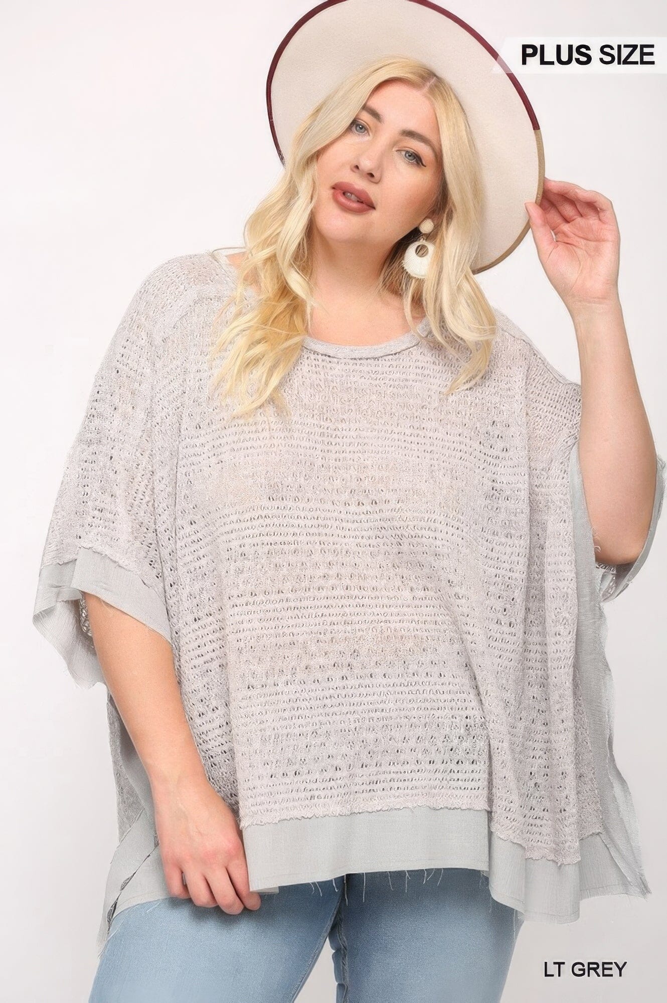 Plus Size Light Knit And Woven Mixed Boxy Top With Poncho Sleeve Shirts & Tops jehouze