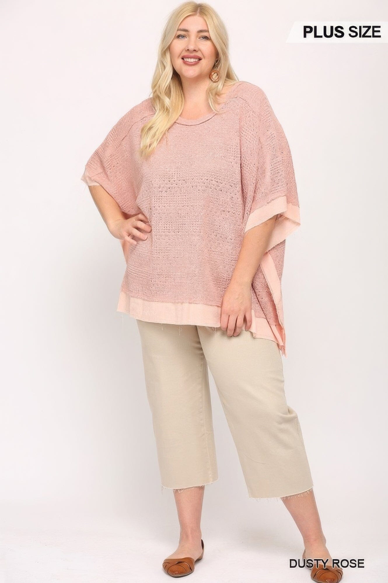 Plus Size Light Knit And Woven Mixed Boxy Top With Poncho Sleeve Shirts & Tops jehouze Dusty Rose XL