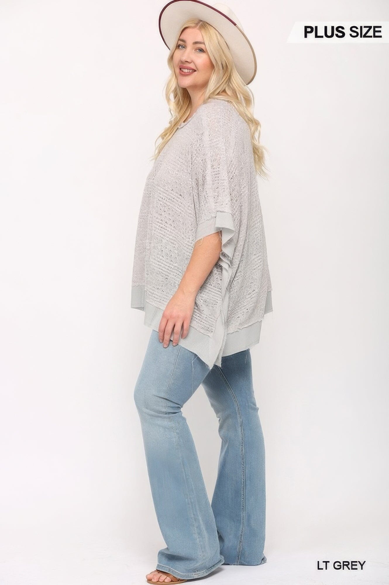 Plus Size Light Knit And Woven Mixed Boxy Top With Poncho Sleeve Shirts & Tops jehouze Light Grey XL
