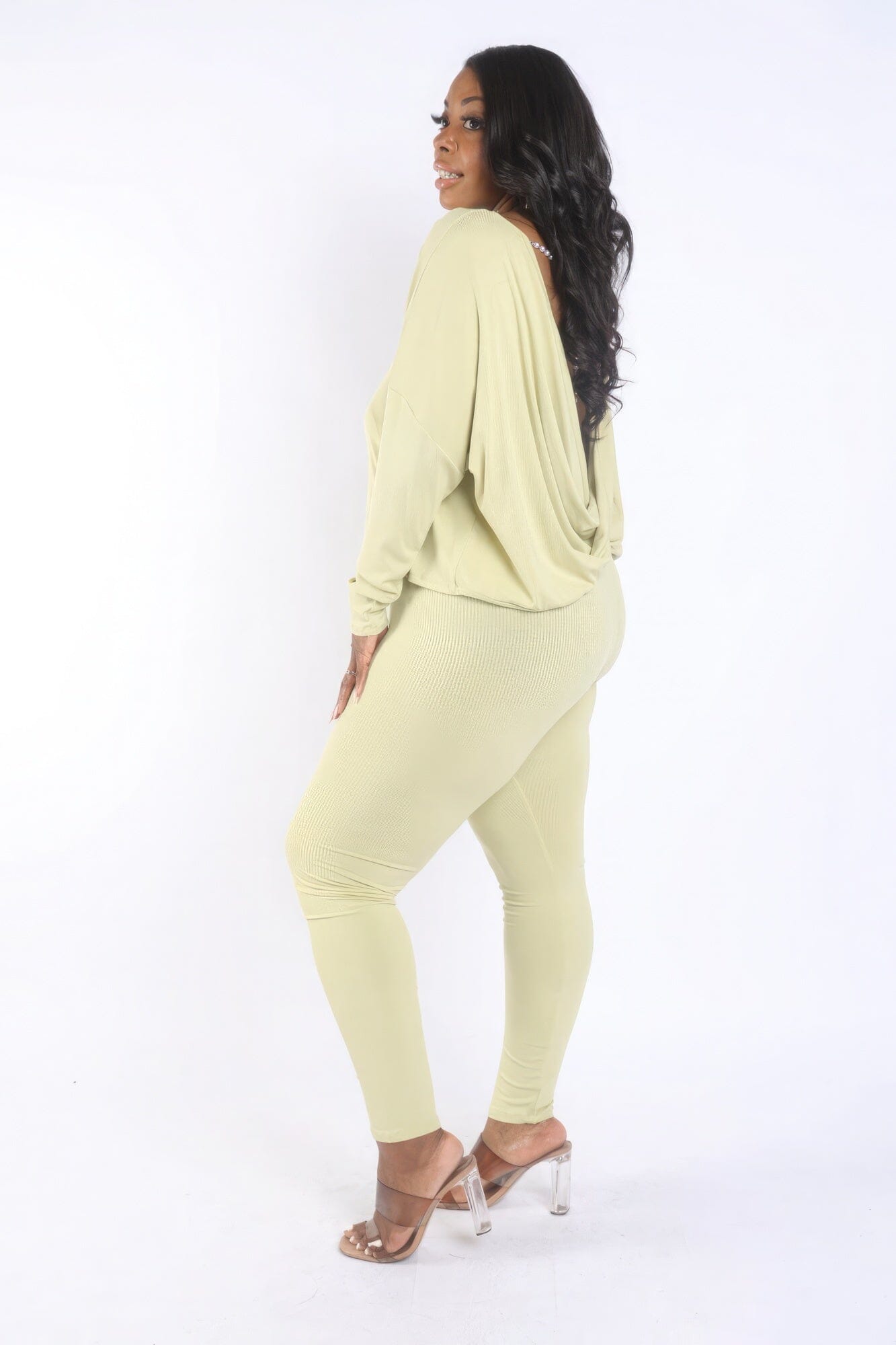Plus Size Lime Green Open Back Strap Long Sleeve and pant Set Outfit Sets jehouze