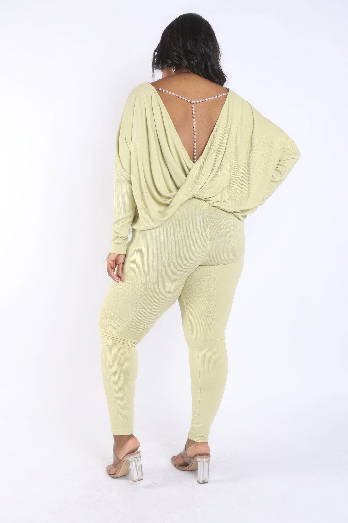 Plus Size Lime Green Open Back Strap Long Sleeve and pant Set Outfit Sets jehouze