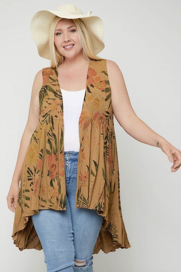 Plus Size Long Flattering Silhouette Sleeveless Cardigan Coats & Jackets jehouze Tan/Tropical 1XL