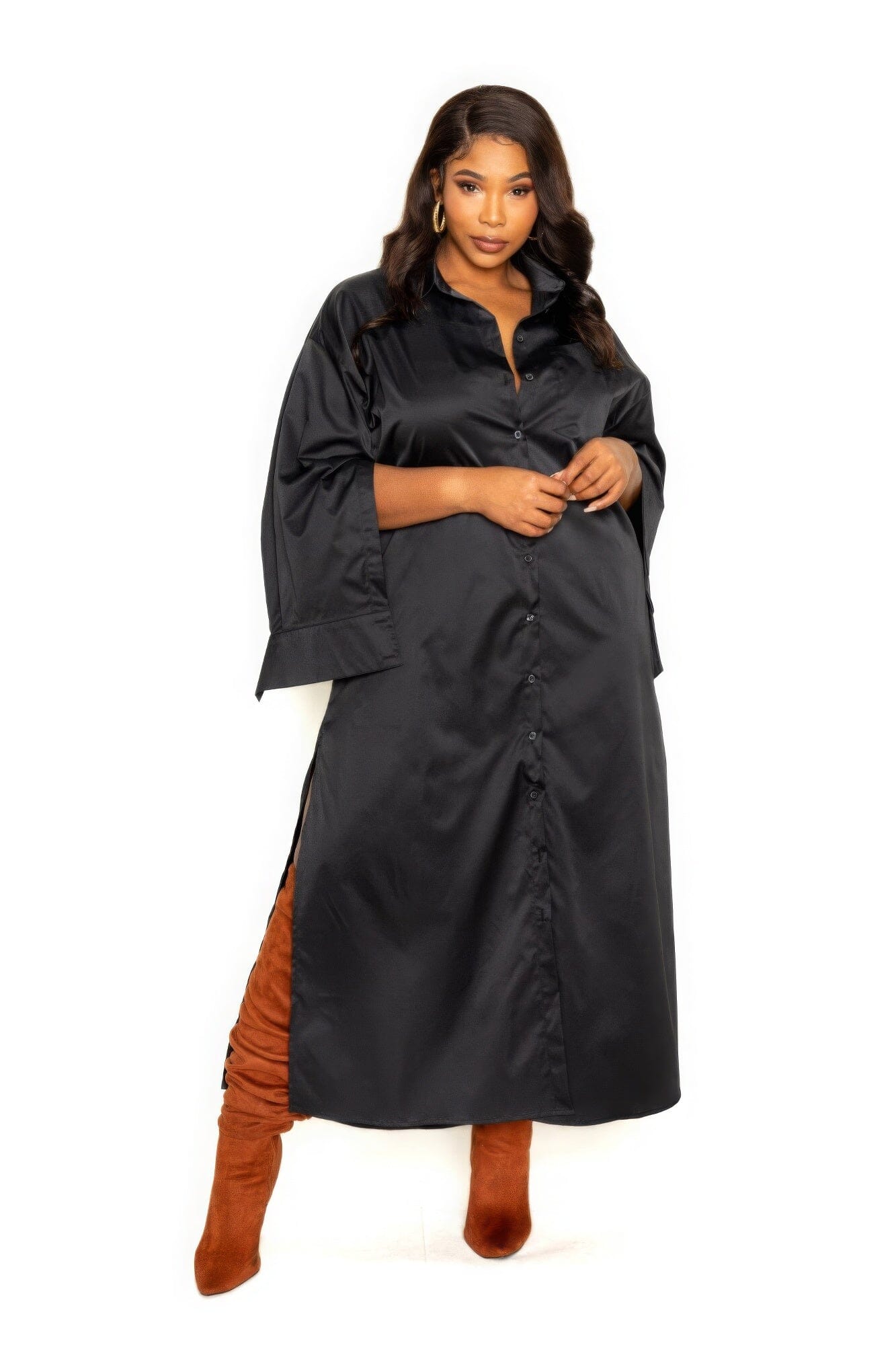 Plus Size Long Sleeve Cape Sleeve Shirt Maxi Dress Dresses jehouze