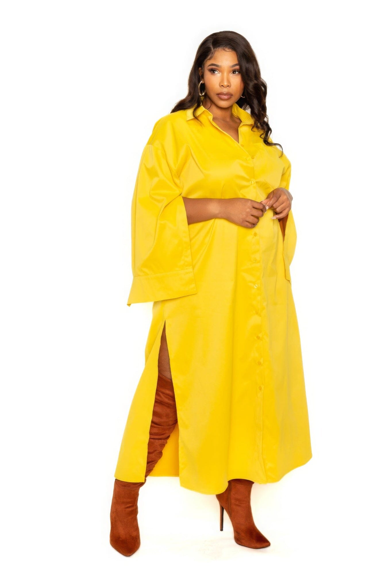 Plus Size Long Sleeve Cape Sleeve Shirt Maxi Dress Dresses jehouze