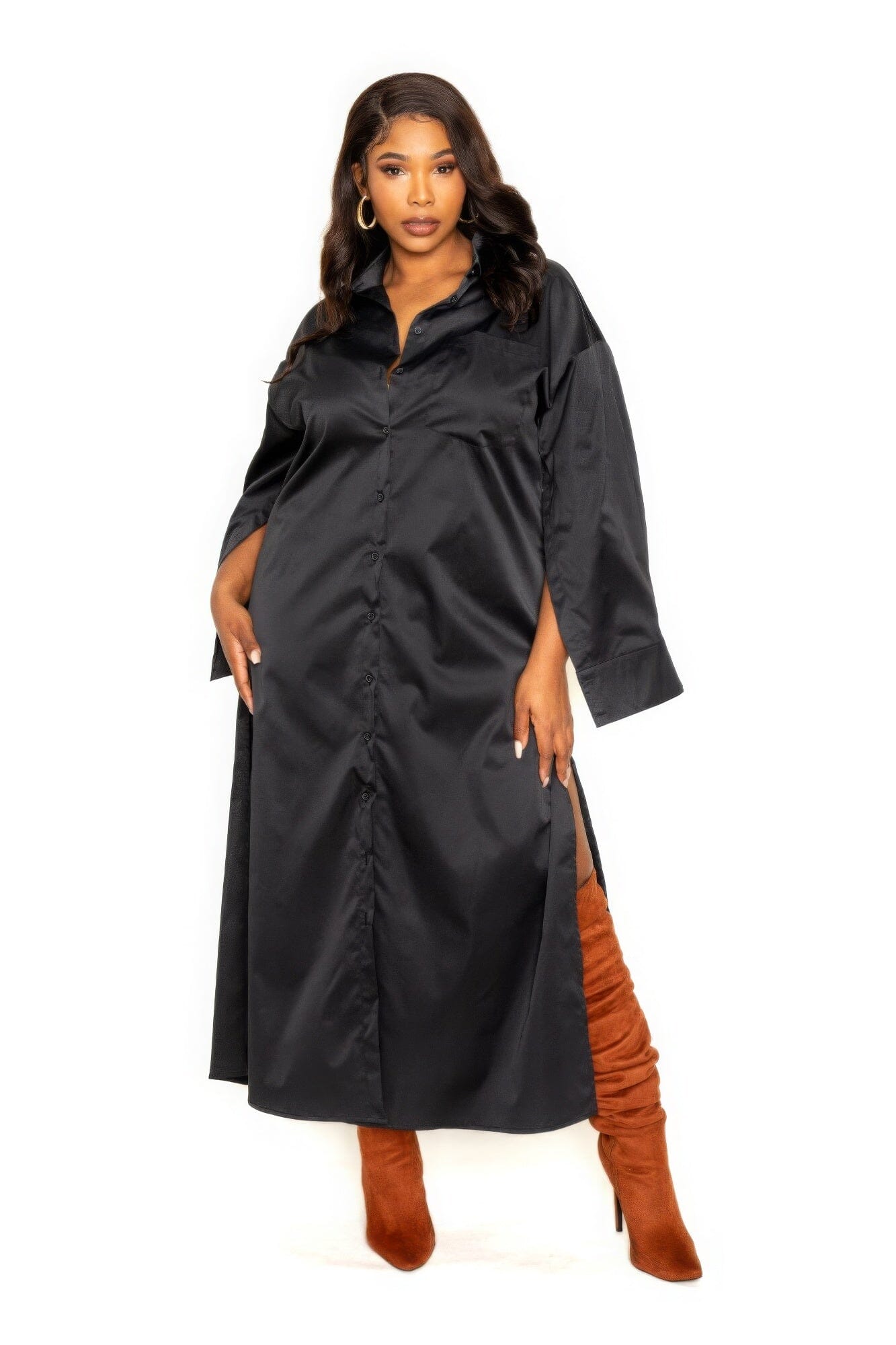 Plus Size Long Sleeve Cape Sleeve Shirt Maxi Dress Dresses jehouze Black 1XL