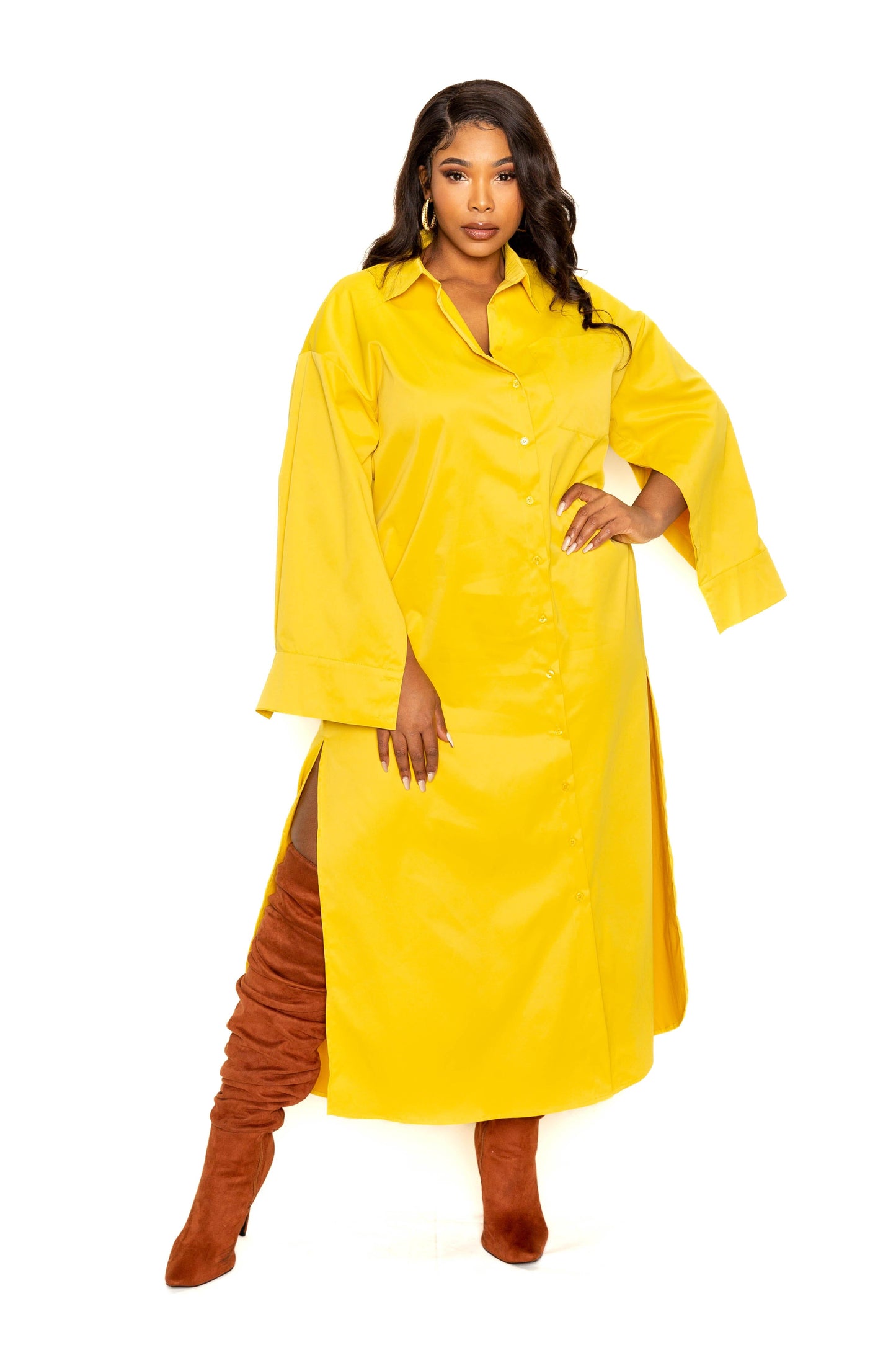 Plus Size Long Sleeve Cape Sleeve Shirt Maxi Dress Dresses jehouze Mustard 1XL