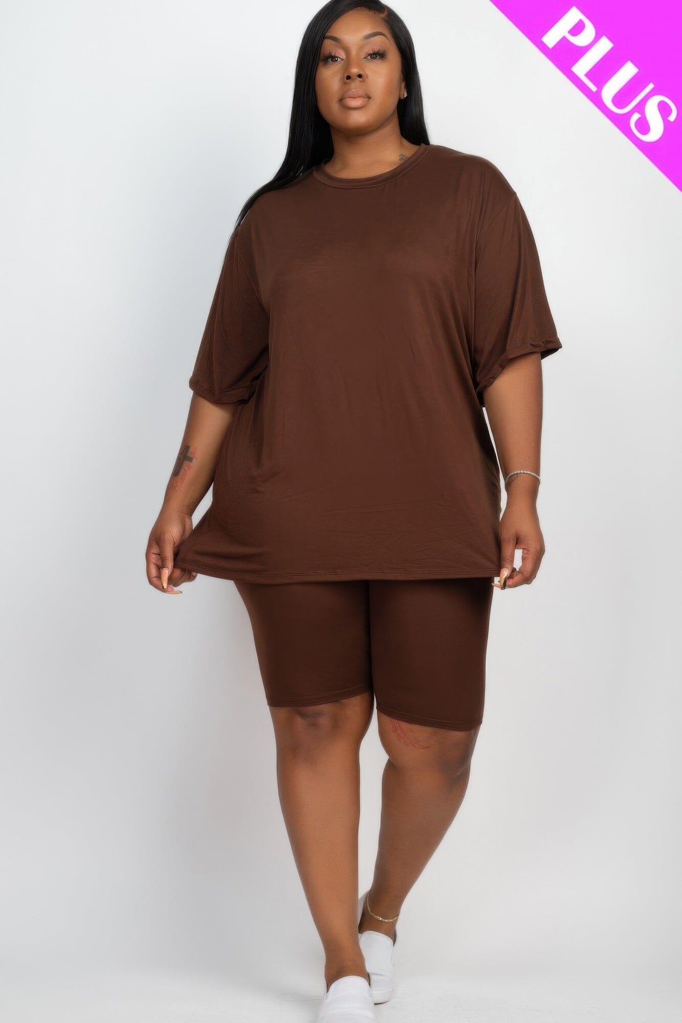 Plus Size Loose Fit Top & Biker Shorts Loungewear Set Outfit Sets jehouze Coffee 1XL