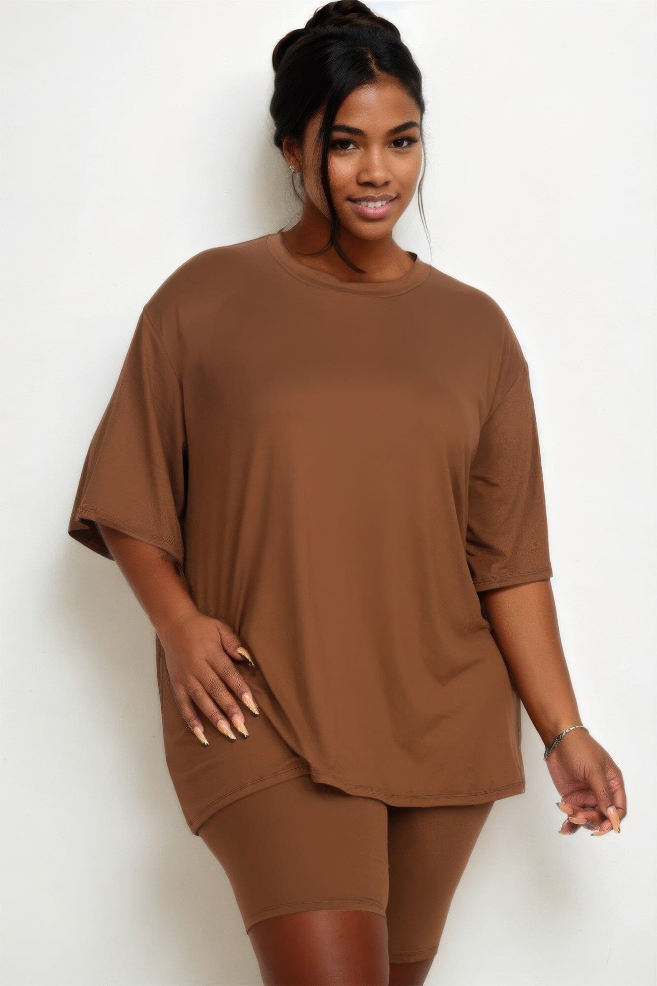 Plus Size Loose Fit Top & Biker Shorts Loungewear Set Outfit Sets jehouze Downtown Brown 1XL