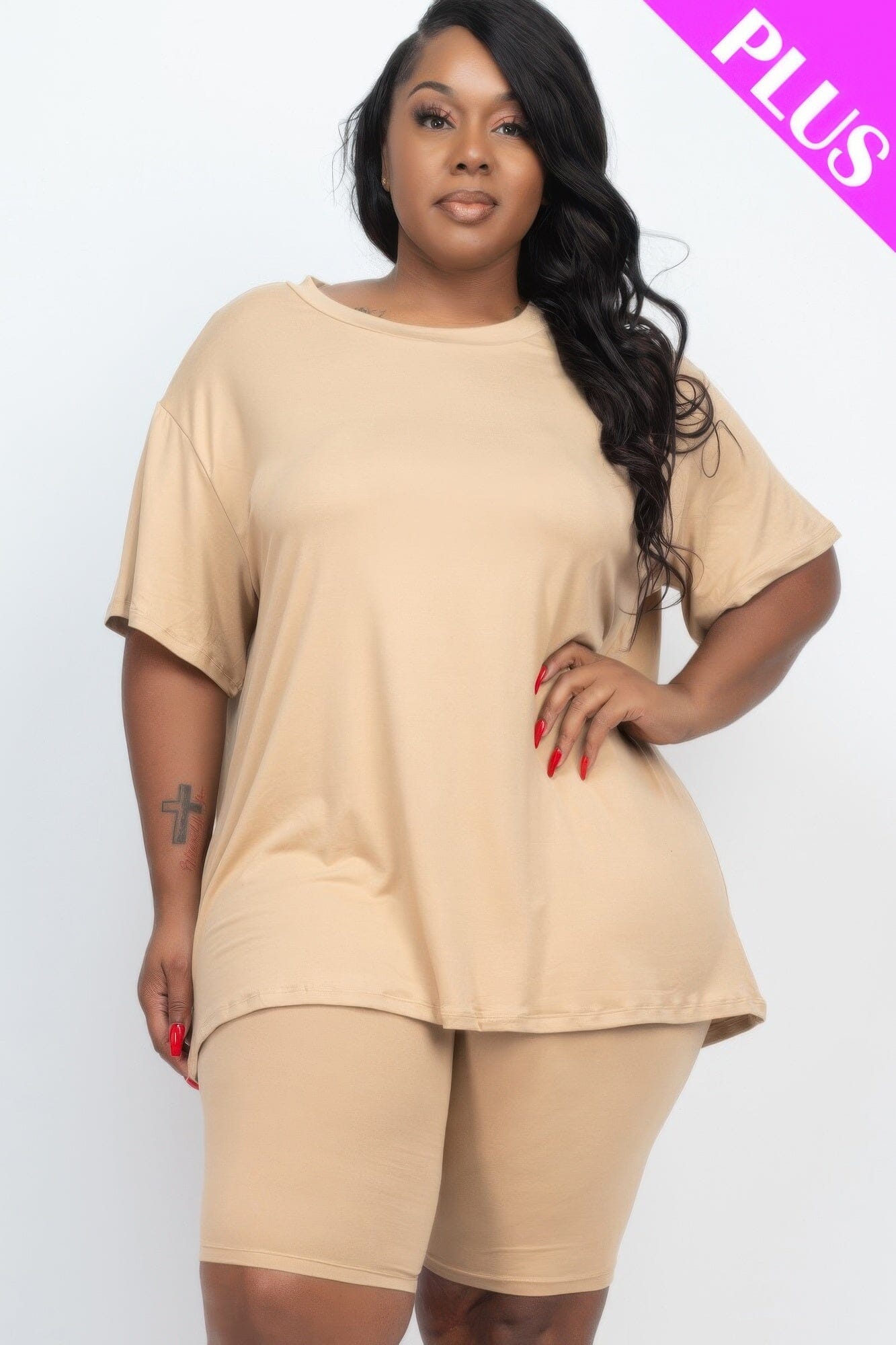 Plus Size Loose Fit Top & Biker Shorts Loungewear Set Outfit Sets jehouze Khaki 1XL