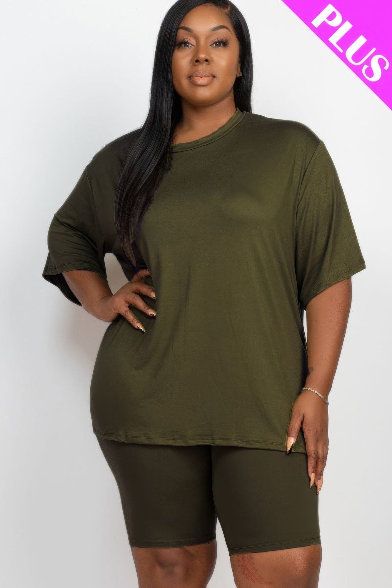 Plus Size Loose Fit Top & Biker Shorts Loungewear Set Outfit Sets jehouze Olive 1XL