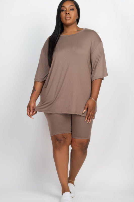 Plus Size Loose Fit Top & Biker Shorts Loungewear Set Outfit Sets jehouze Taupe 1XL