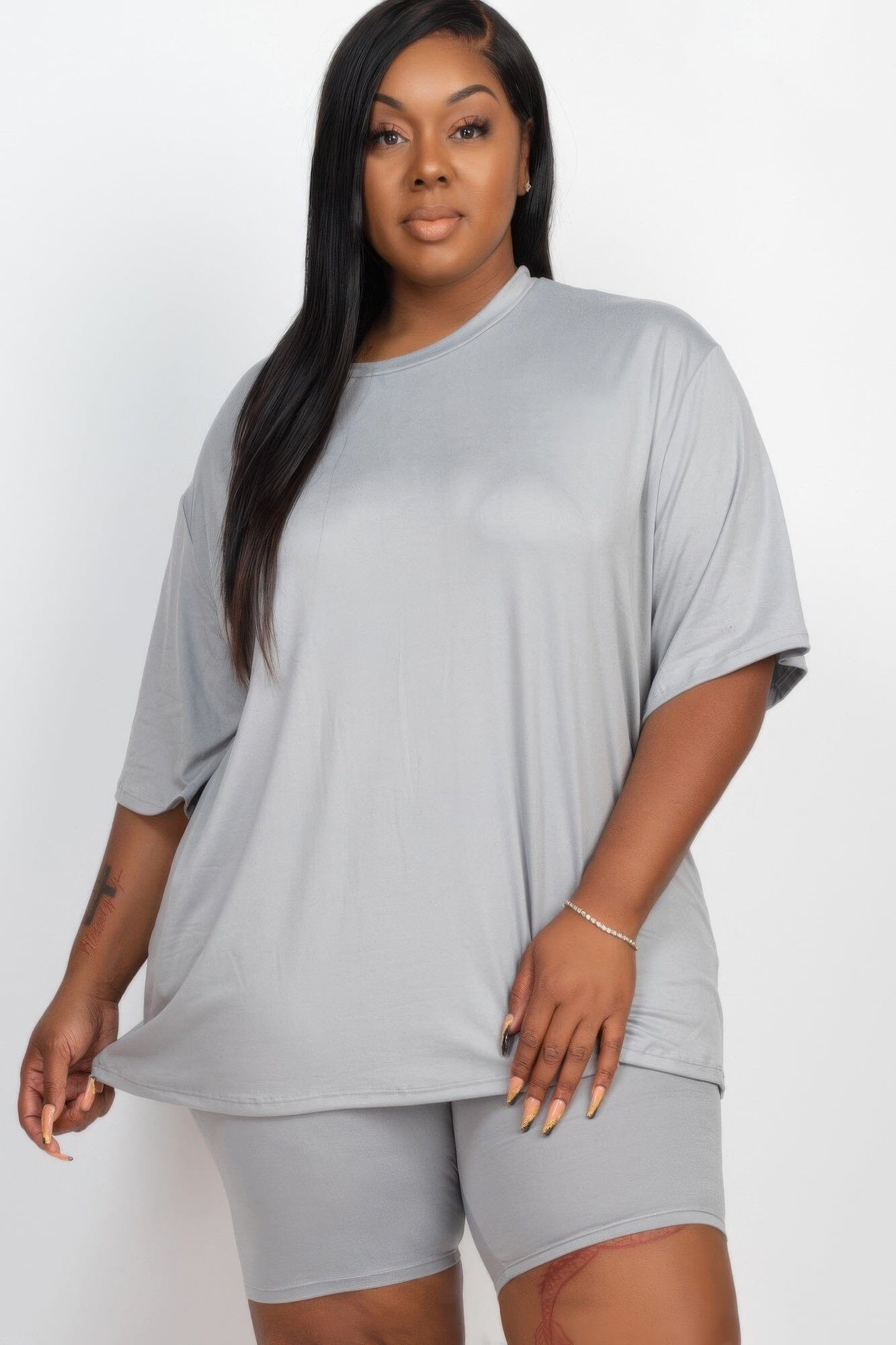 Plus Size Loose Fit Top & Biker Shorts Loungewear Set Outfit Sets jehouze Ultimate Grey 1XL