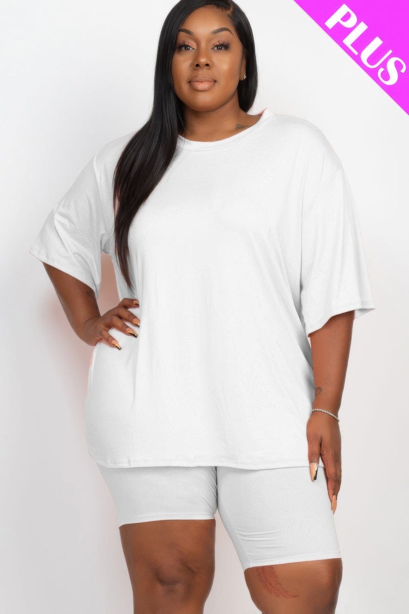 Plus Size Loose Fit Top & Biker Shorts Loungewear Set Outfit Sets jehouze White 1XL