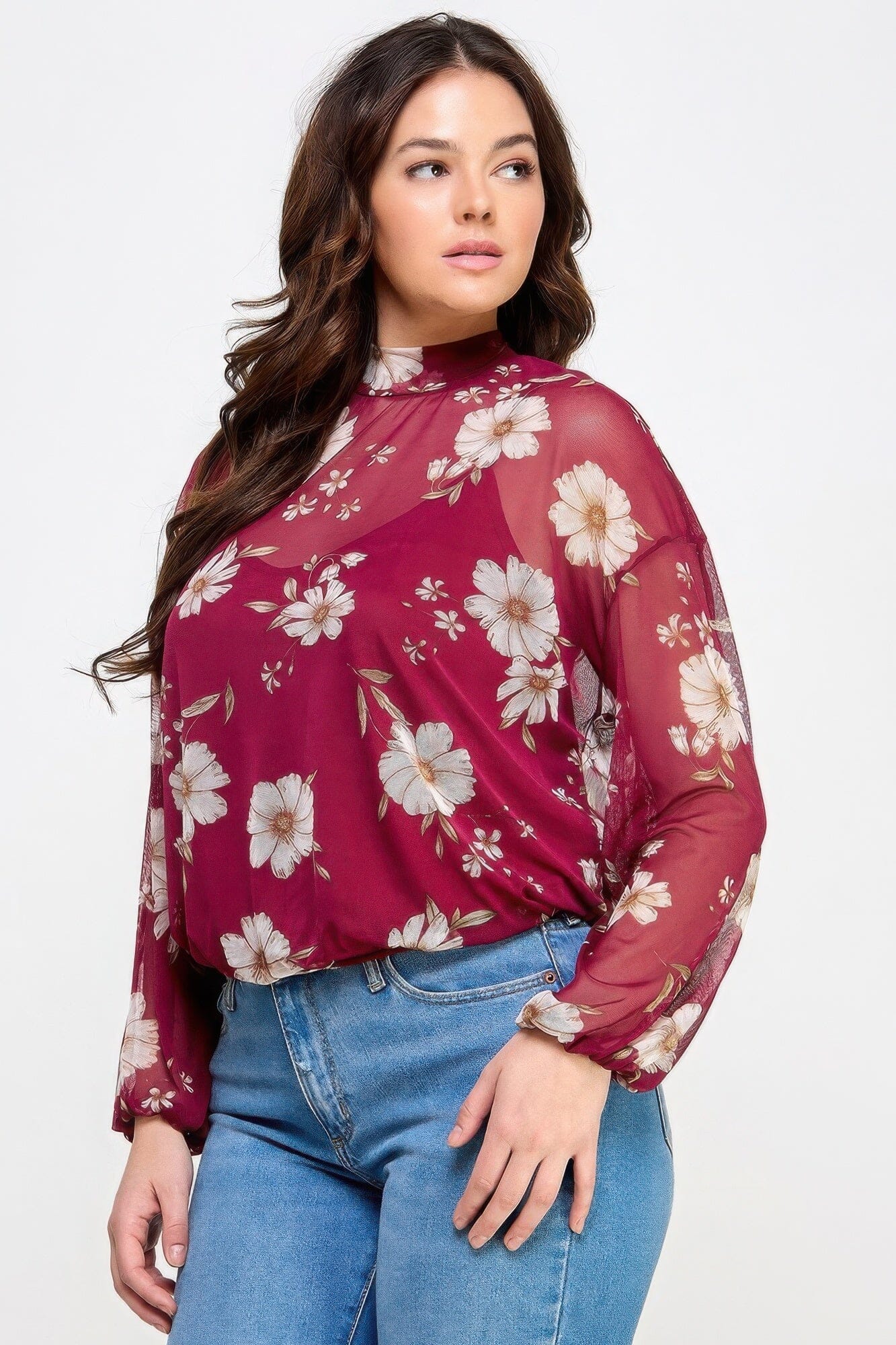Plus Size Mesh Floral Long Sleeve Cami Top Shirts & Tops jehouze