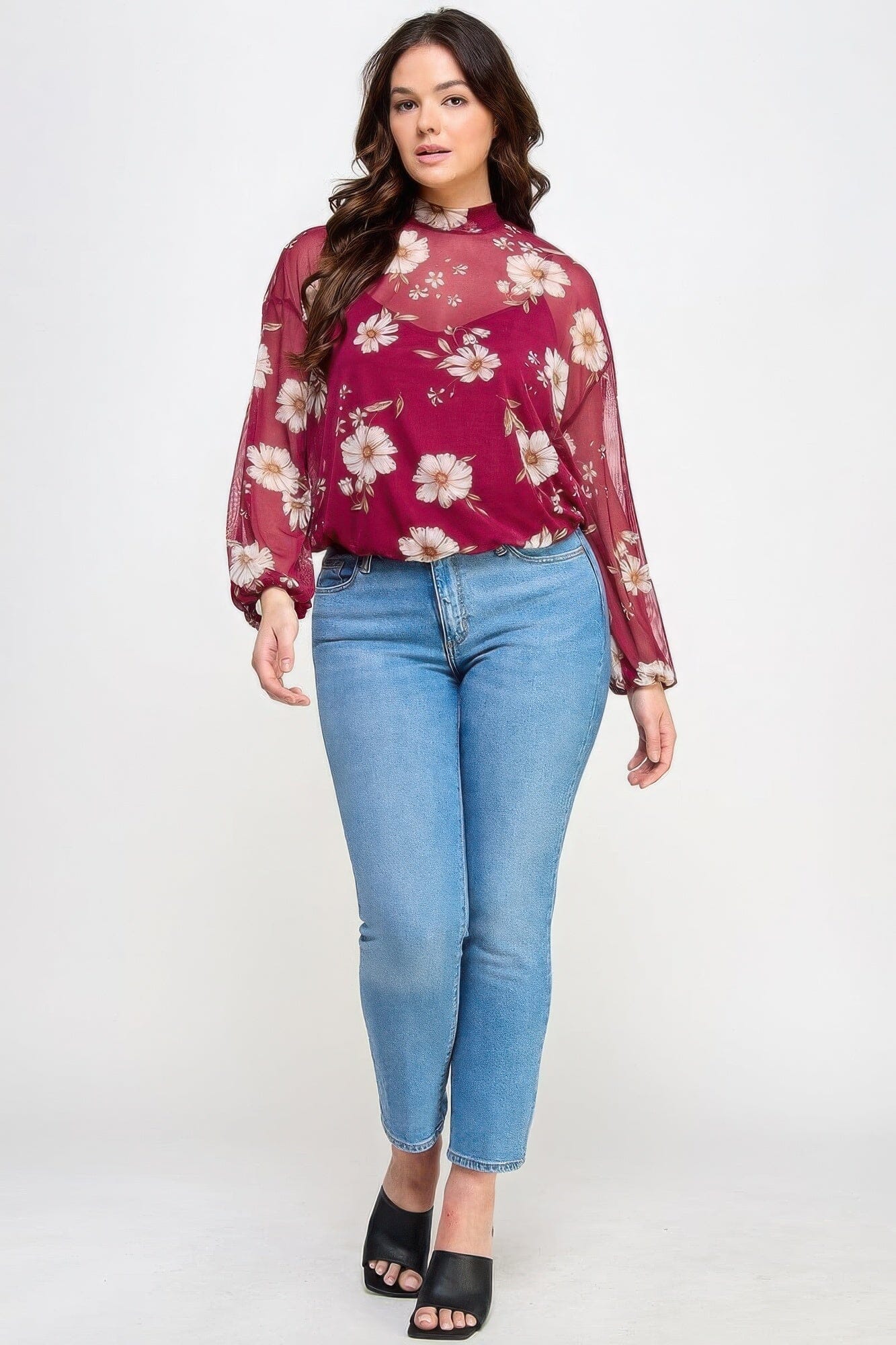 Plus Size Mesh Floral Long Sleeve Cami Top Shirts & Tops jehouze