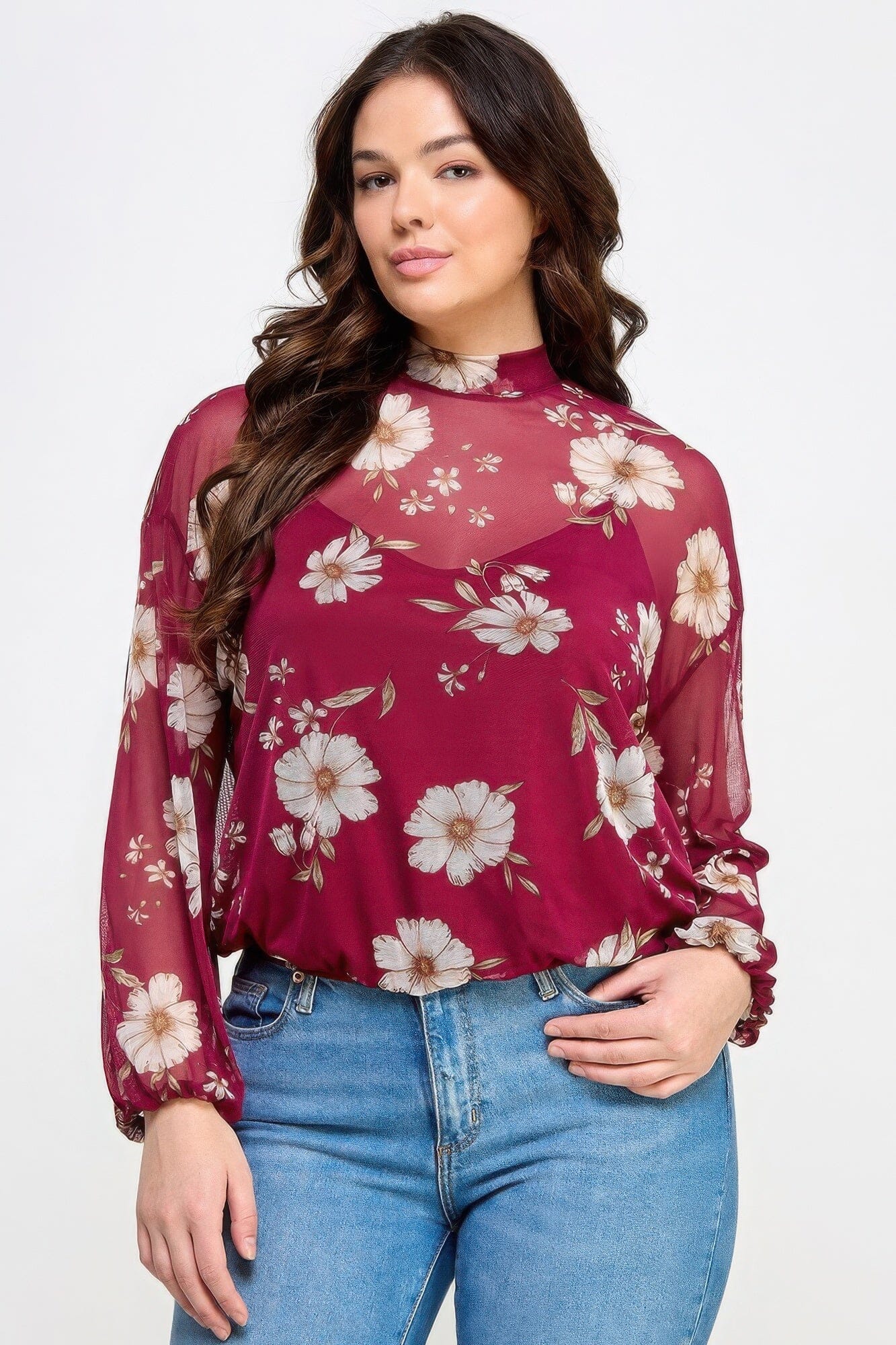 Plus Size Mesh Floral Long Sleeve Cami Top Shirts & Tops jehouze