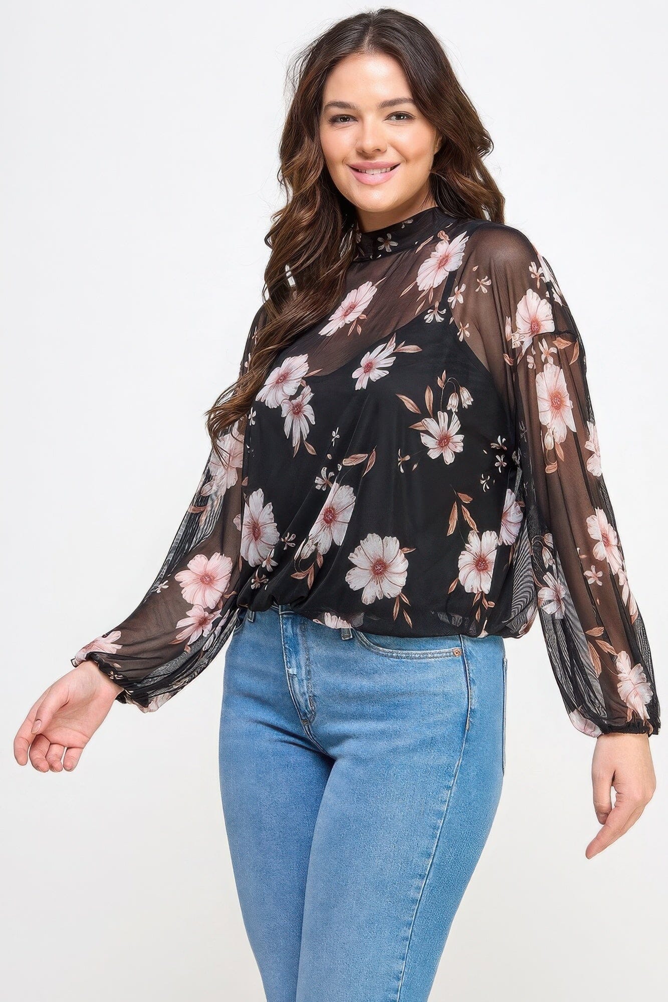 Plus Size Mesh Floral Long Sleeve Cami Top Shirts & Tops jehouze