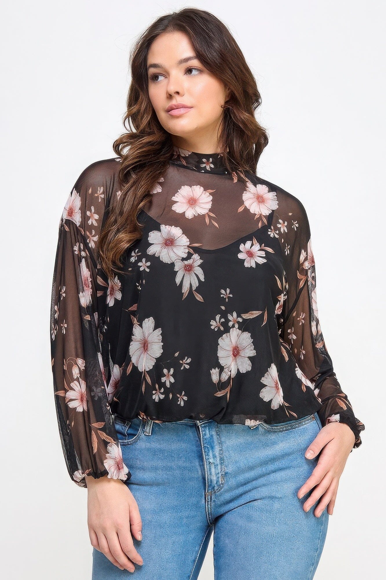 Plus Size Mesh Floral Long Sleeve Cami Top Shirts & Tops jehouze