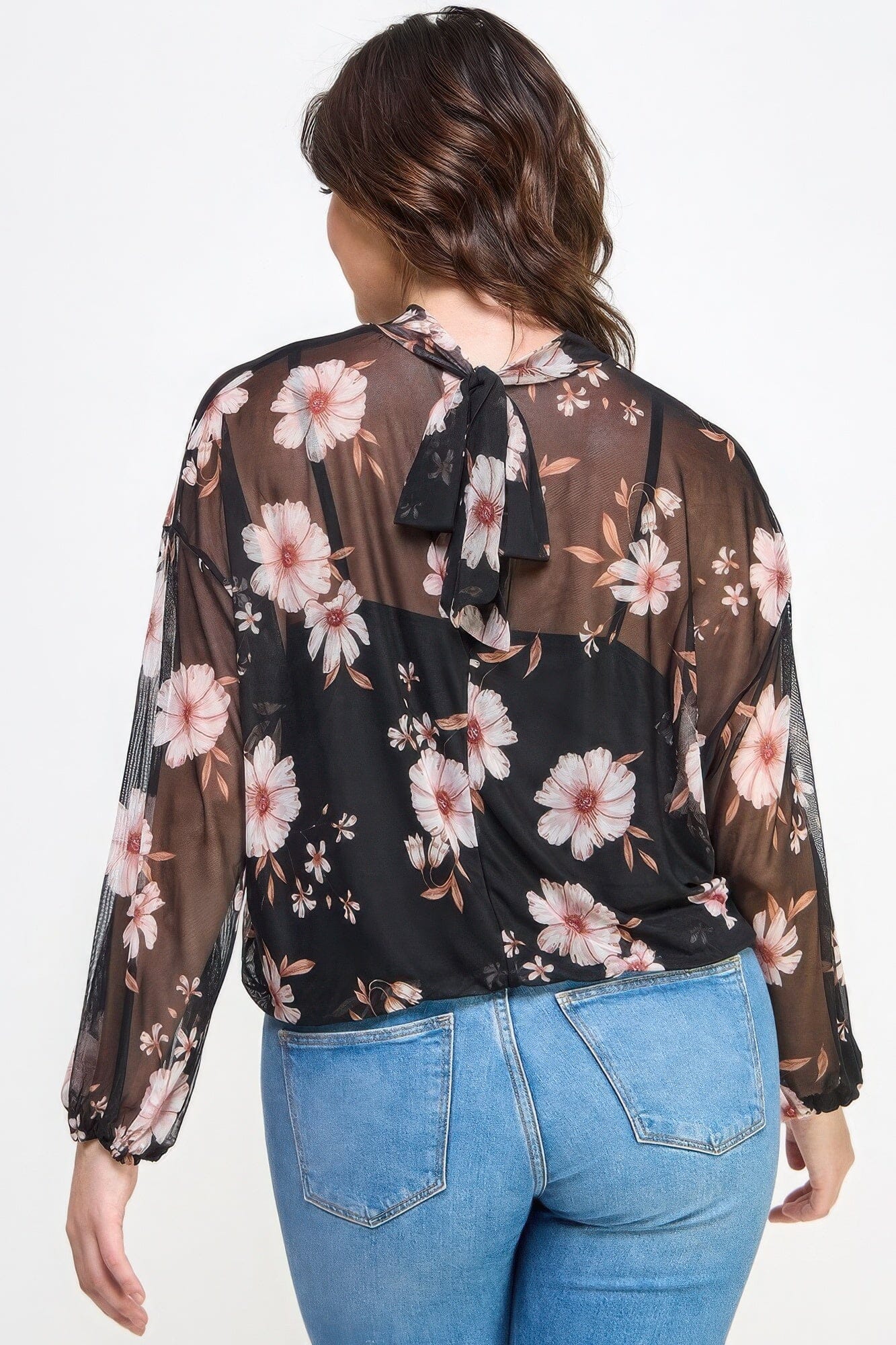 Plus Size Mesh Floral Long Sleeve Cami Top Shirts & Tops jehouze