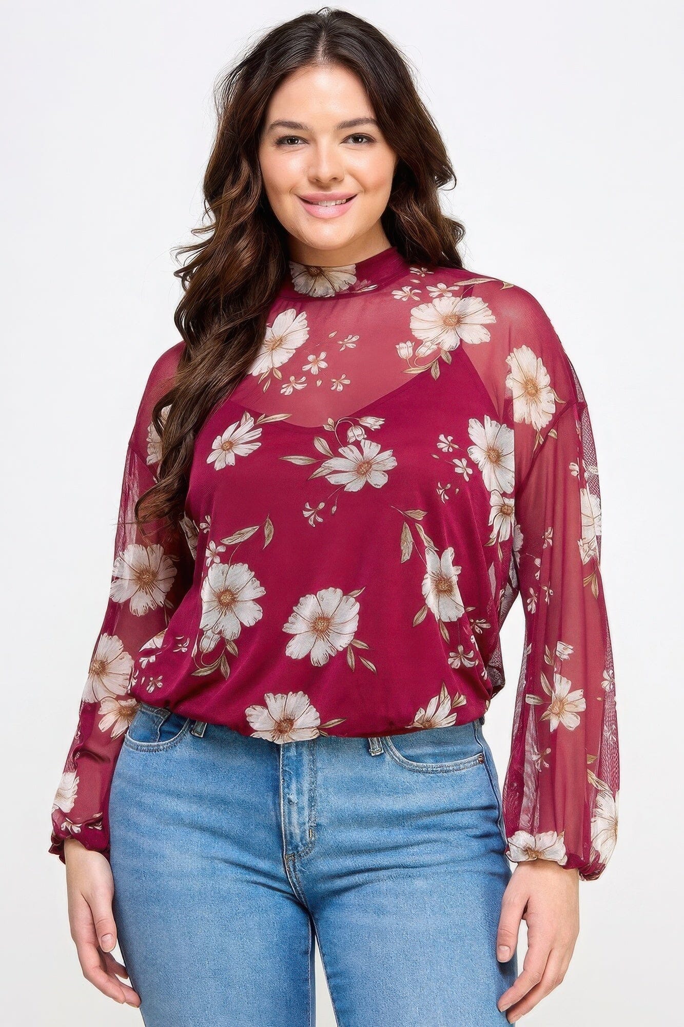 Plus Size Mesh Floral Long Sleeve Cami Top Shirts & Tops jehouze