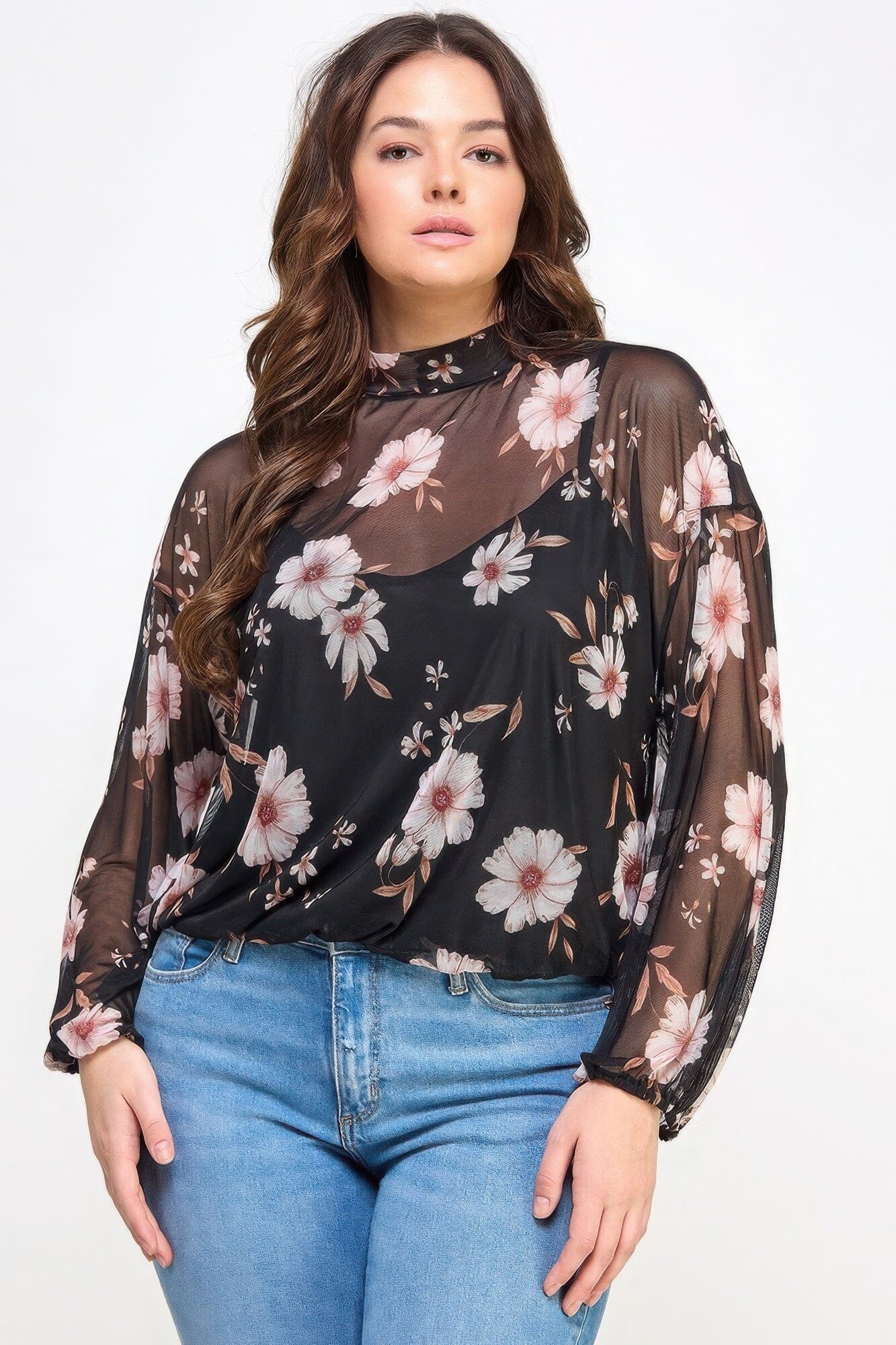Plus Size Mesh Floral Long Sleeve Cami Top Shirts & Tops jehouze