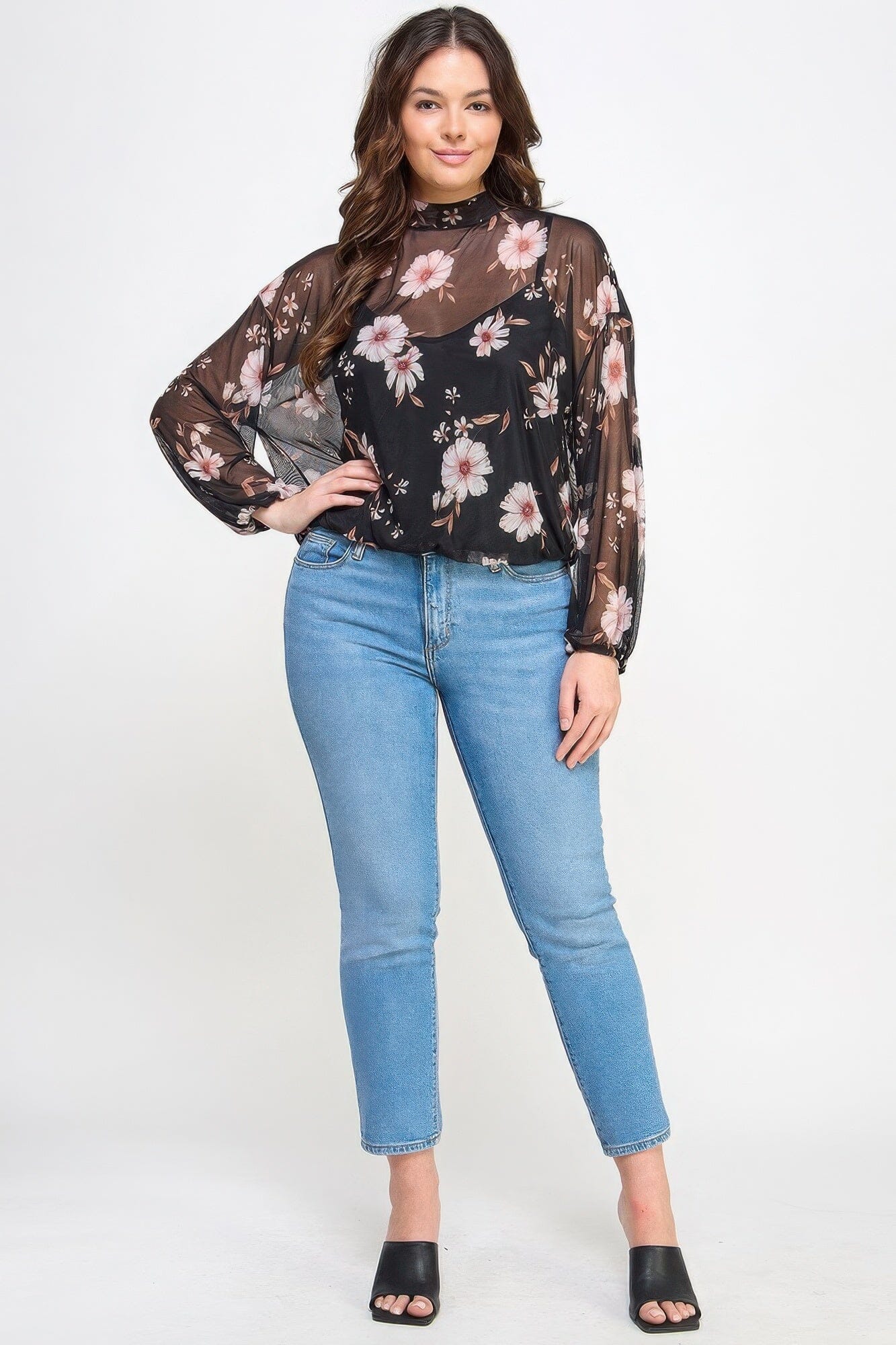 Plus Size Mesh Floral Long Sleeve Cami Top Shirts & Tops jehouze Black 1XL