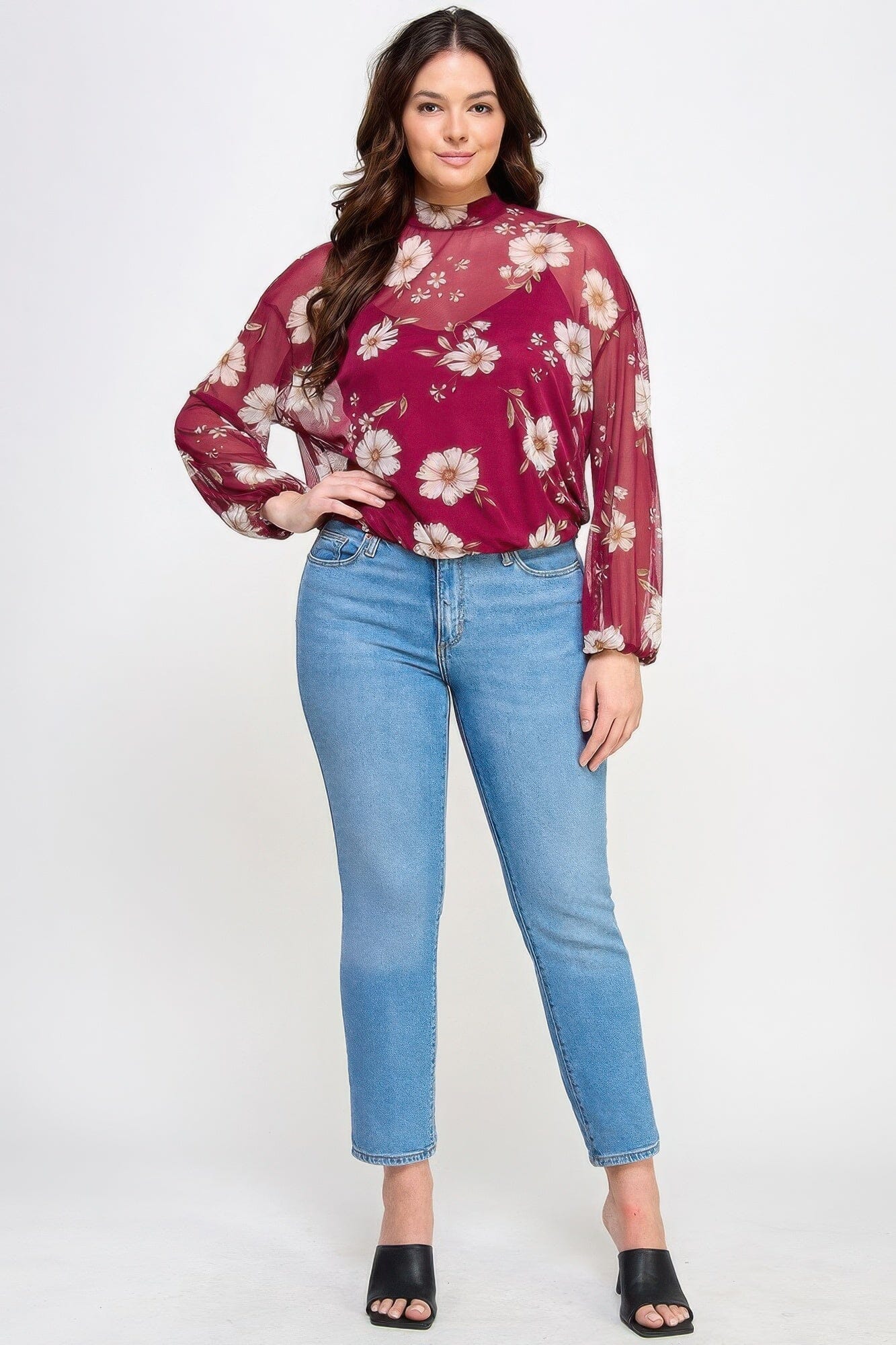 Plus Size Mesh Floral Long Sleeve Cami Top Shirts & Tops jehouze Wine 1XL