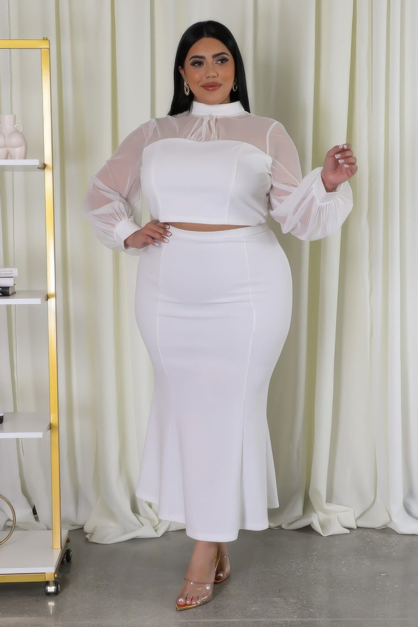 Plus Size Mock Neck Top and Stretch Skirt Set Outfit Sets jehouze