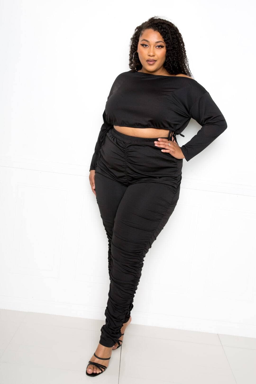Plus Size Off Shoulder Cropped Top And Ruched Leggings Sets Outfit Sets jehouze Black 1XL