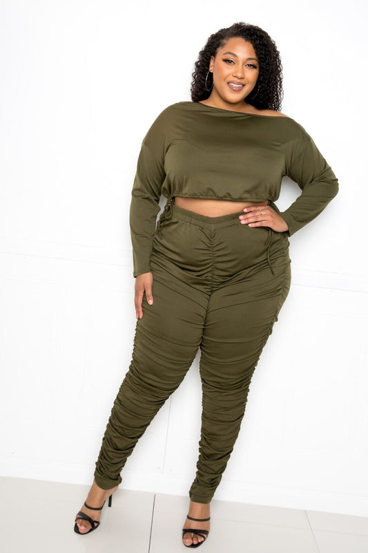 Plus Size Off Shoulder Cropped Top And Ruched Leggings Sets Outfit Sets jehouze Olive 1XL