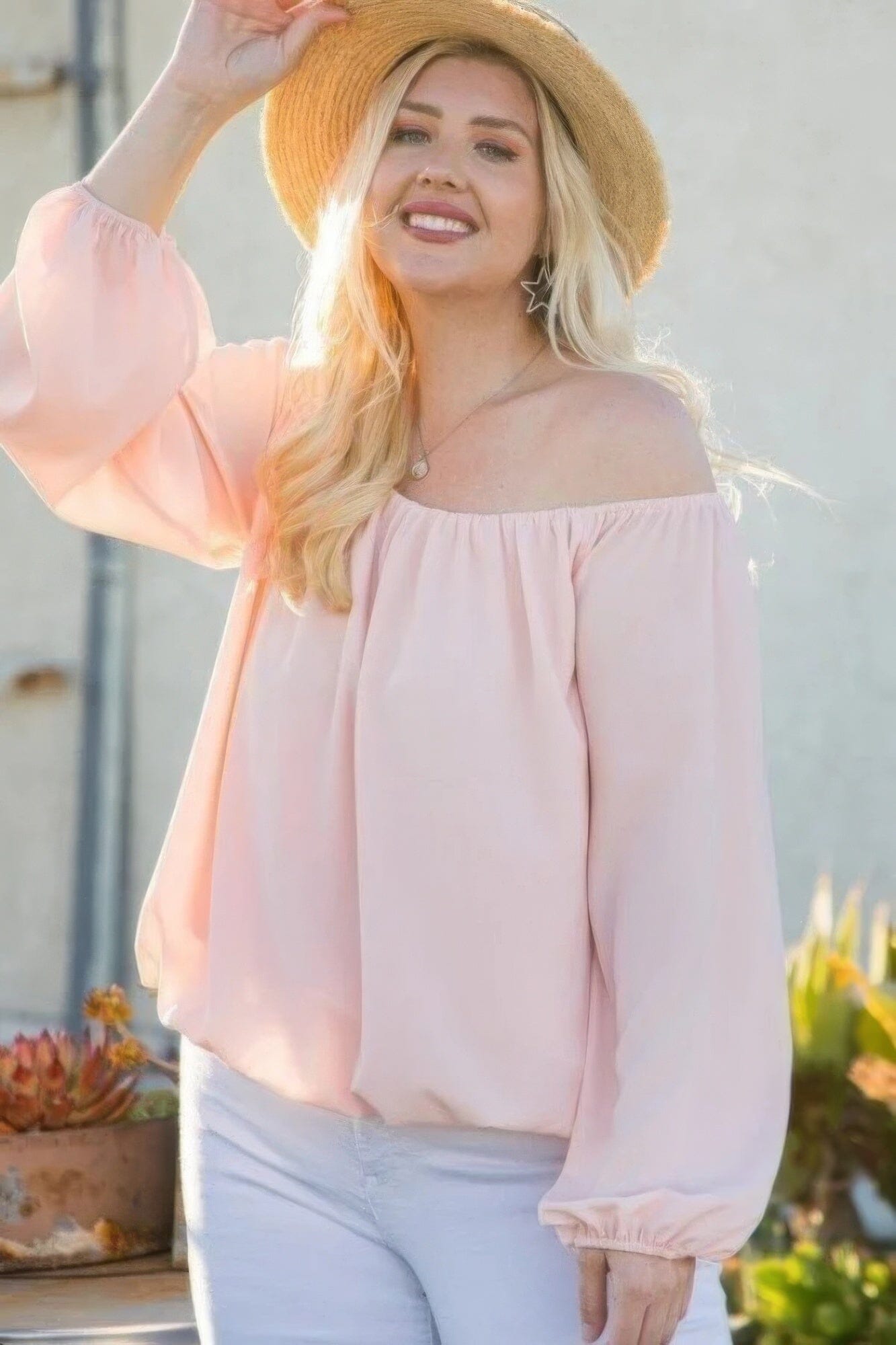 Plus Size Off Shoulder Long Bubble Sleeve Solid Top Shirts & Tops jehouze