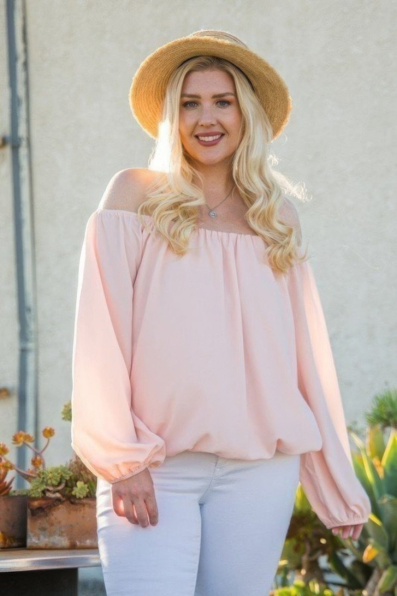 Plus Size Off Shoulder Long Bubble Sleeve Solid Top Shirts & Tops jehouze