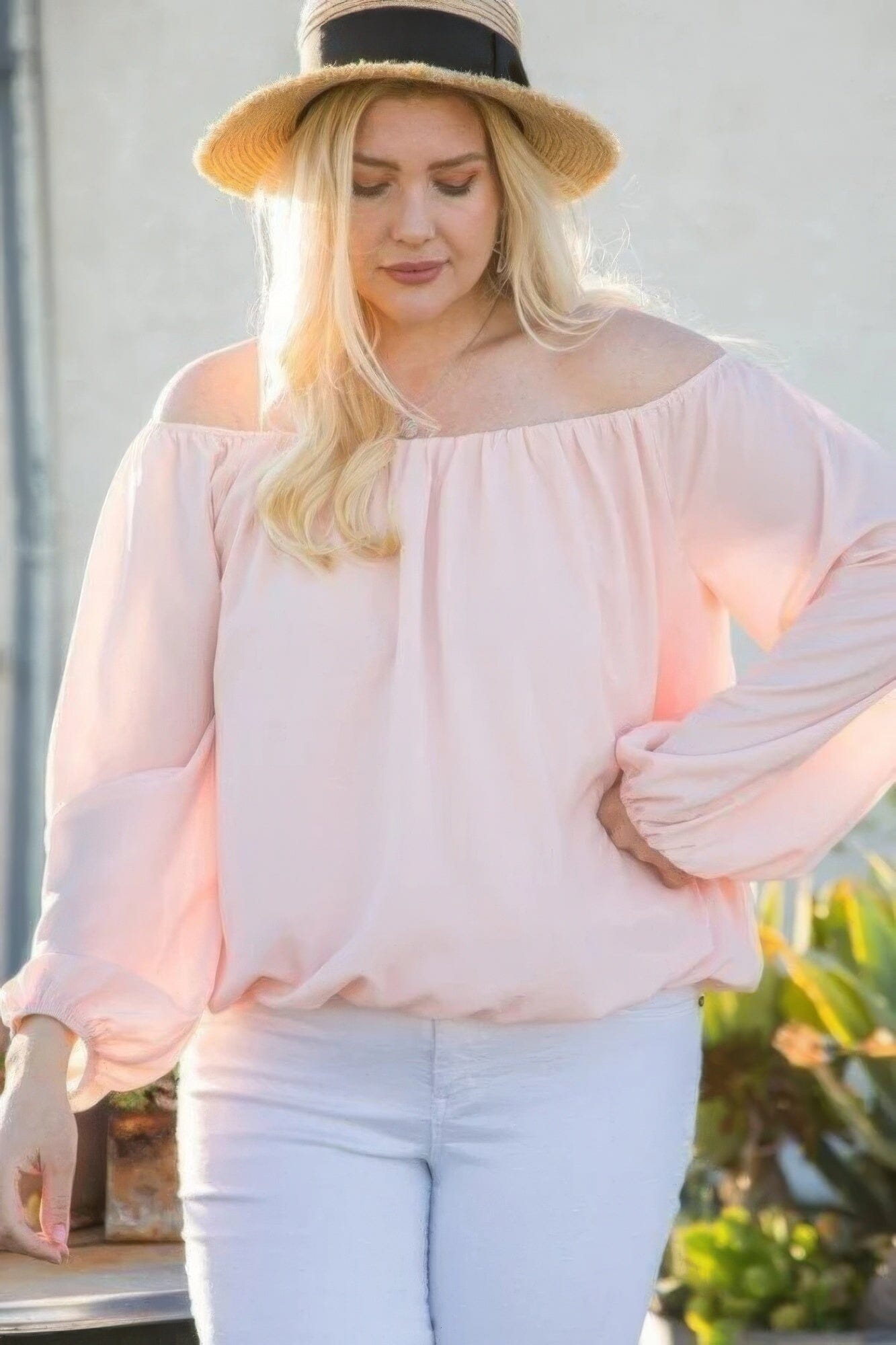 Plus Size Off Shoulder Long Bubble Sleeve Solid Top Shirts & Tops jehouze