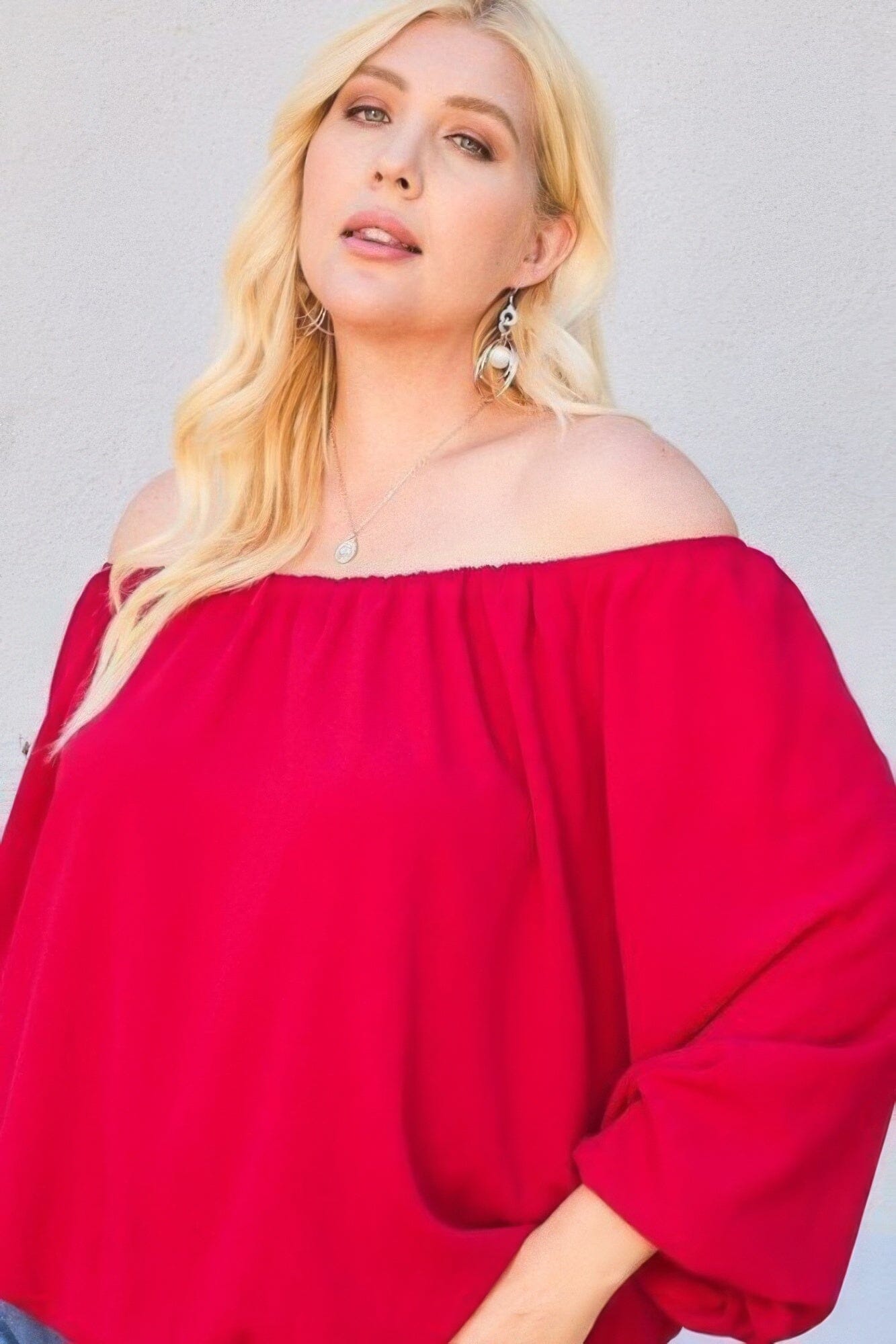 Plus Size Off Shoulder Long Bubble Sleeve Solid Top Shirts & Tops jehouze Burgundy 1XL