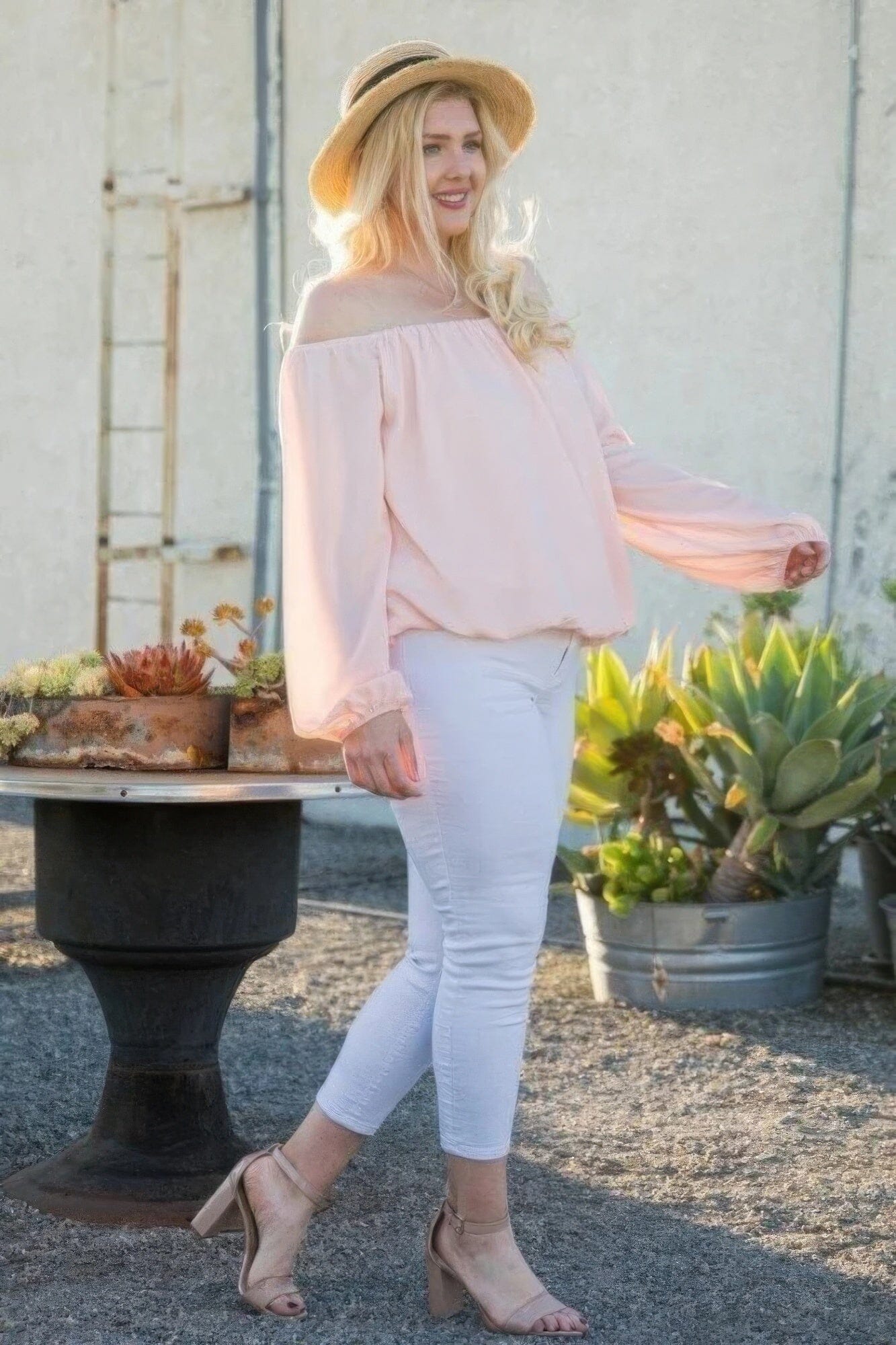 Plus Size Off Shoulder Long Bubble Sleeve Solid Top Shirts & Tops jehouze Rose 1XL