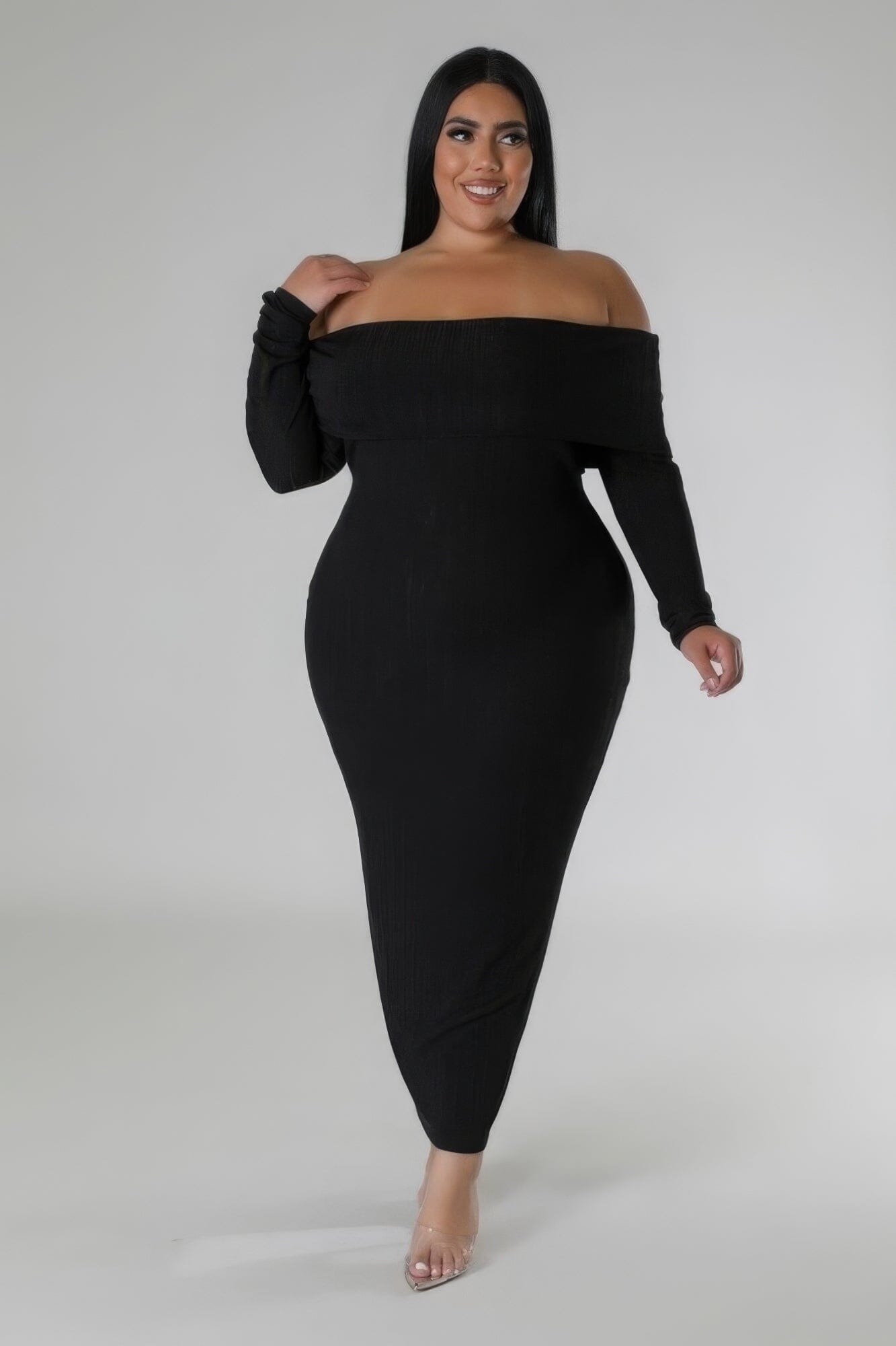 Plus Size Off Shoulders Stretch Midi Dress Dresses jehouze Black 1XL