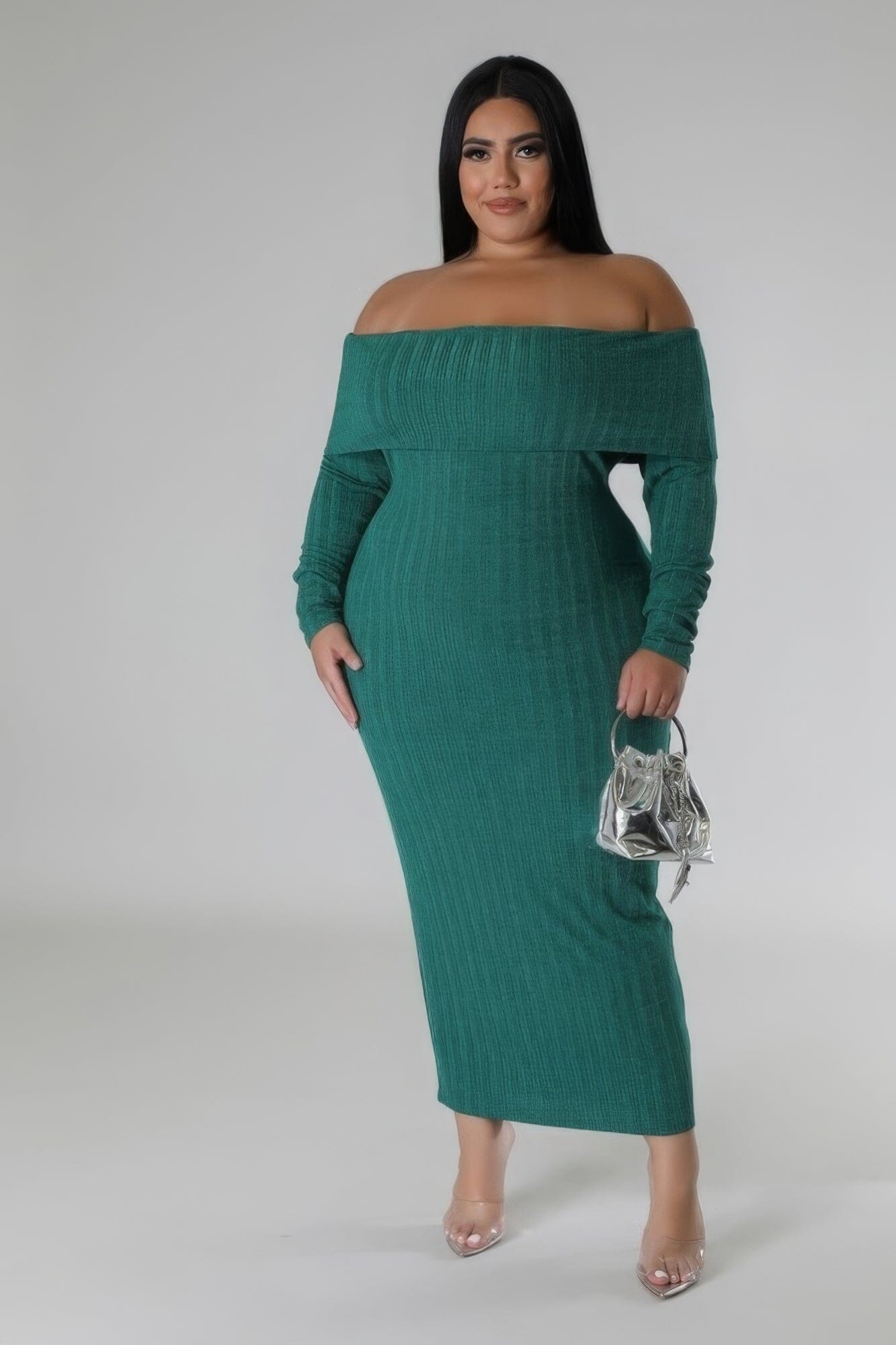 Plus Size Off Shoulders Stretch Midi Dress Dresses jehouze Green 1XL