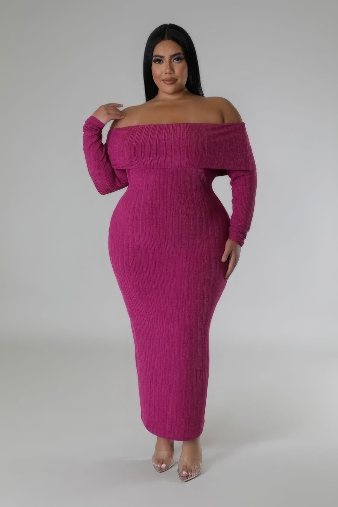 Plus Size Off Shoulders Stretch Midi Dress Dresses jehouze Magenta 1XL