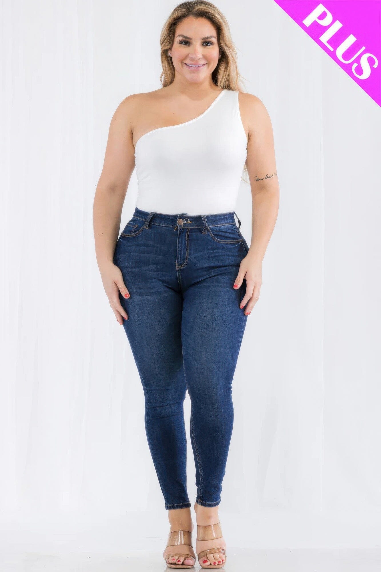 Plus size one shoulder solid casual bodysuit jehouze