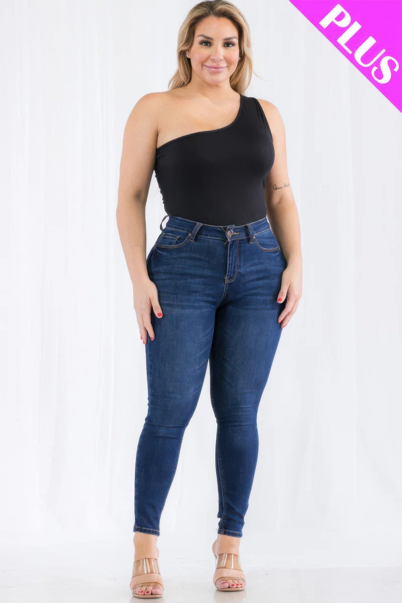 Plus size one shoulder solid casual bodysuit Shirts & Tops jehouze Black 1XL