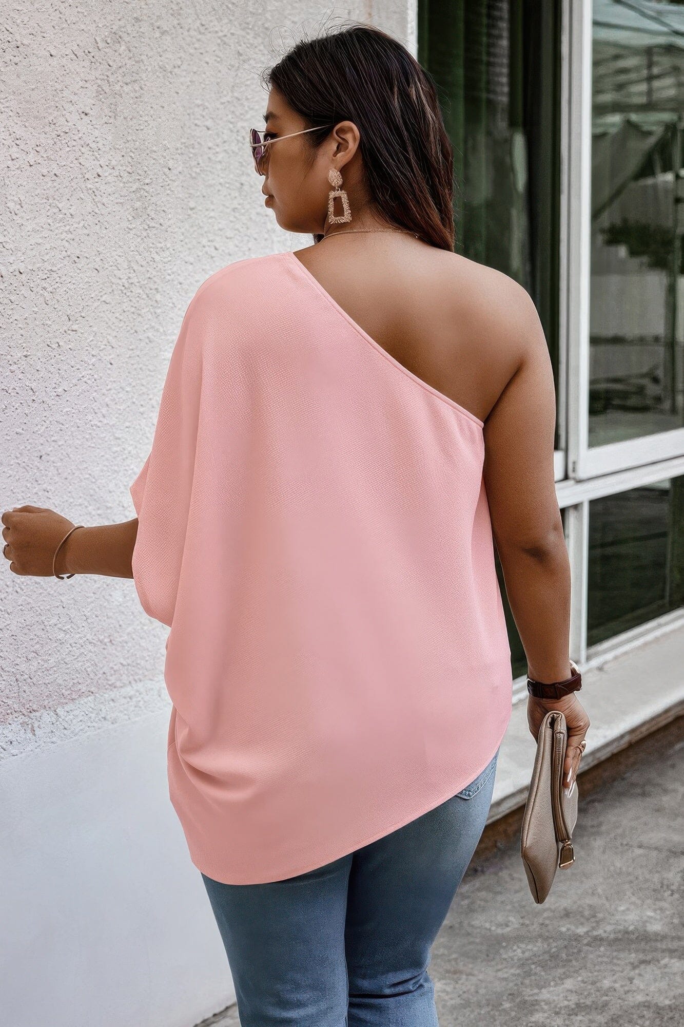 Plus Size One Shoulder Solid Casual Loose Fit Shirt Shirts & Tops jehouze