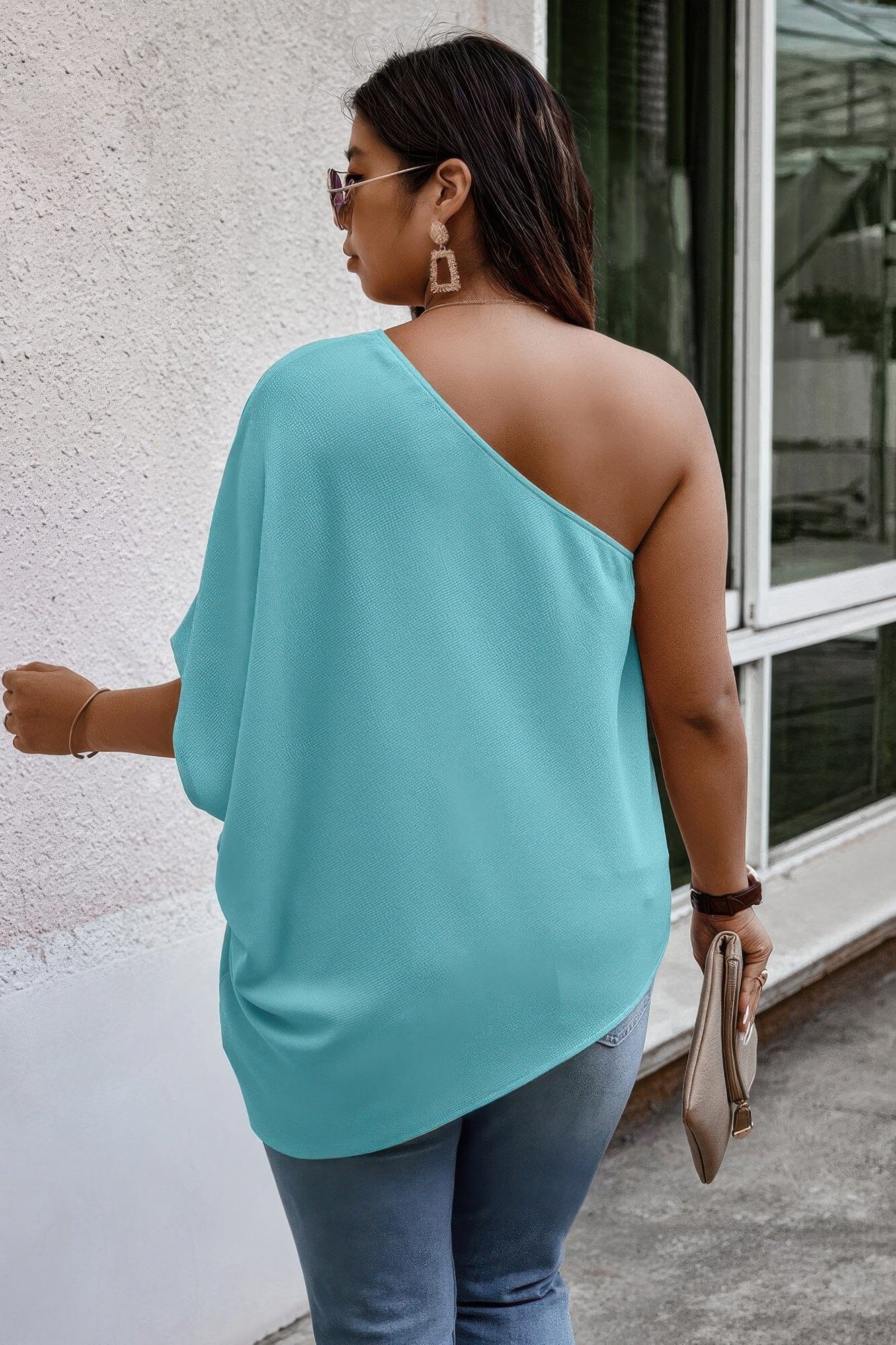 Plus Size One Shoulder Solid Casual Loose Fit Shirt Shirts & Tops jehouze