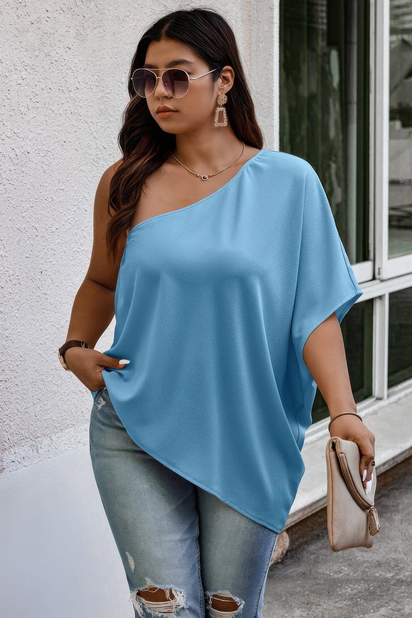 Plus Size One Shoulder Solid Casual Loose Fit Shirt Shirts & Tops jehouze Lake Blue XL