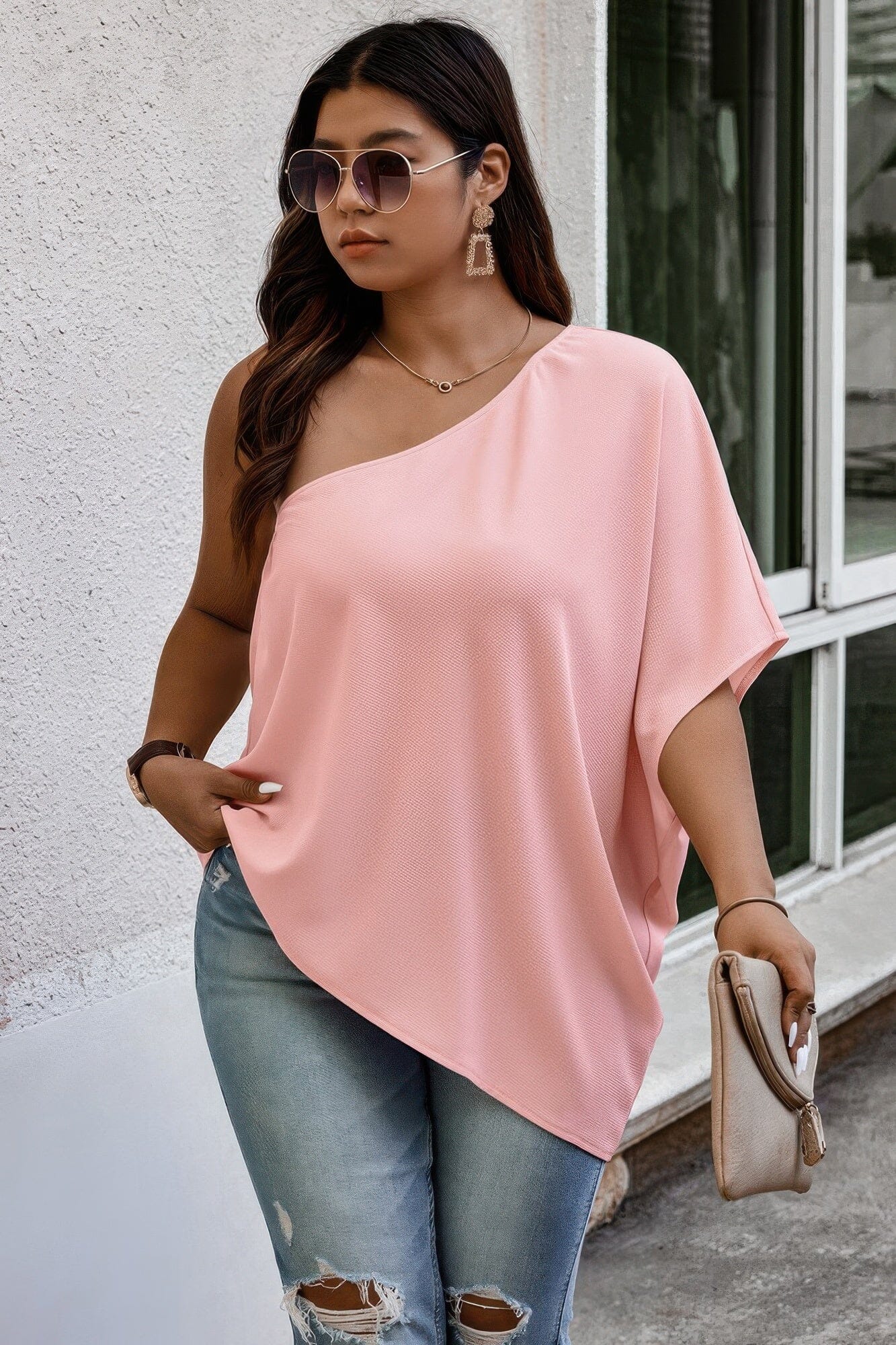 Plus Size One Shoulder Solid Casual Loose Fit Shirt Shirts & Tops jehouze Pink XL